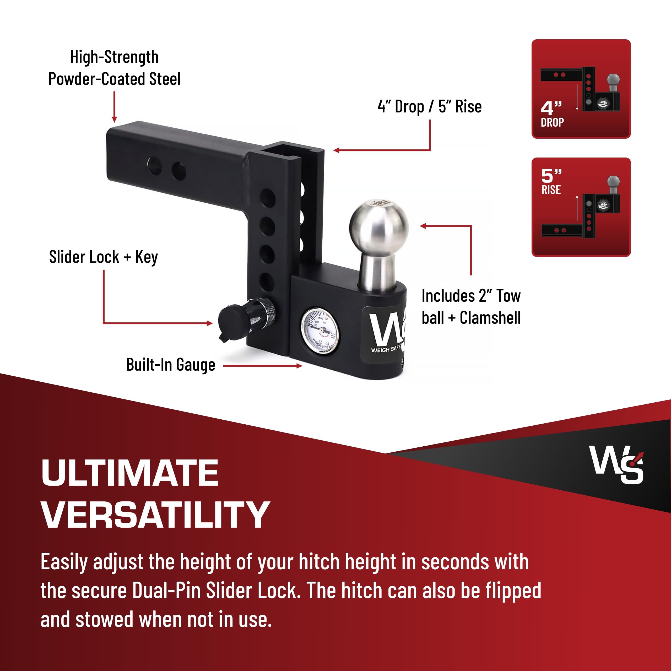 Aero Hitch Weigh Safe - Adjustable Trailer Hitch Ball Mount - 4" Drop Hitch for 2" Receiver - Premium Heavy Duty Steel Trailer Tow Hitch w/Built in Weight Scale for Anti Sway, 12,500 lbs GTW