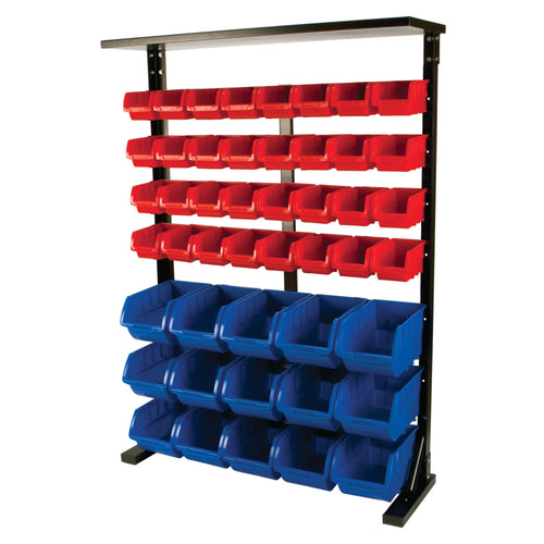 Half Bulk Bin Storage Rack Performance Tool W5193 with 32 Large and Small Bins for Easy Garage Organization of Tools, Parts, Hardware, and More, Red and Blue