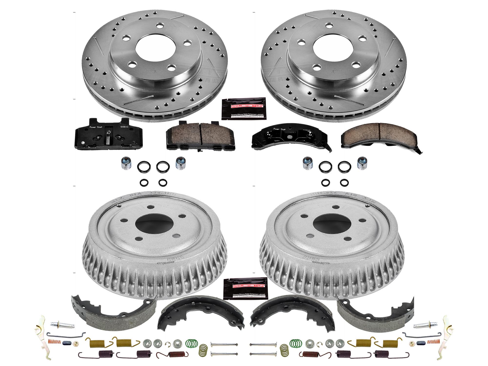 Power Stop K15080DK Z23 Carbon Fiber Brake Pads Front and Rear with Drilled & Slotted Brake Drums Kit For Cadillac DeVille 1985-1986, Oldsmobile 98 1985-1986 [Model Specific]
