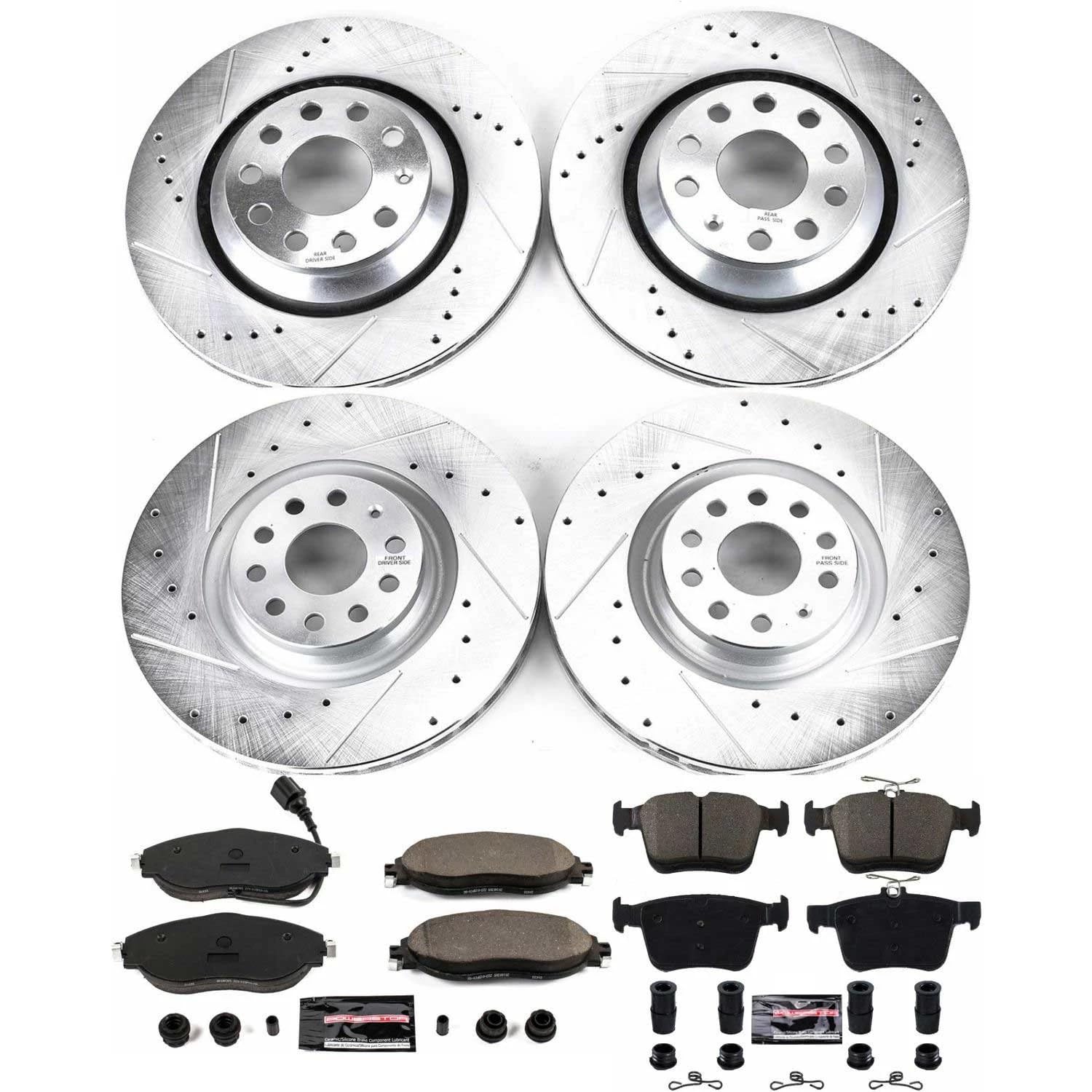Power Stop K7253 Z23 Carbon Fiber Brake Pads Front and Rear with Drilled & Slotted Brake Rotors Kit For Audi A3 Quat, Audi Q3, Audi S3, VW Arteon, VW Golf R [Model Specific]