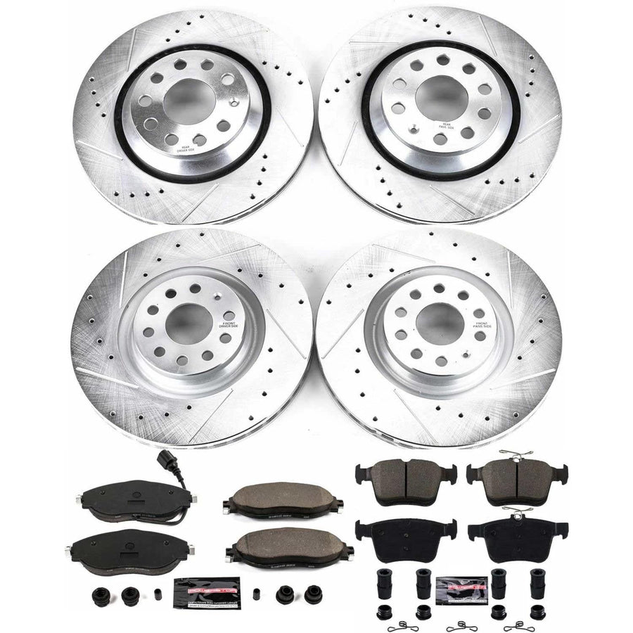 Power Stop K7253 Z23 Carbon Fiber Brake Pads Front and Rear with Drilled & Slotted Brake Rotors Kit For Audi A3 Quat, Audi Q3, Audi S3, VW Arteon, VW Golf R [Model Specific]