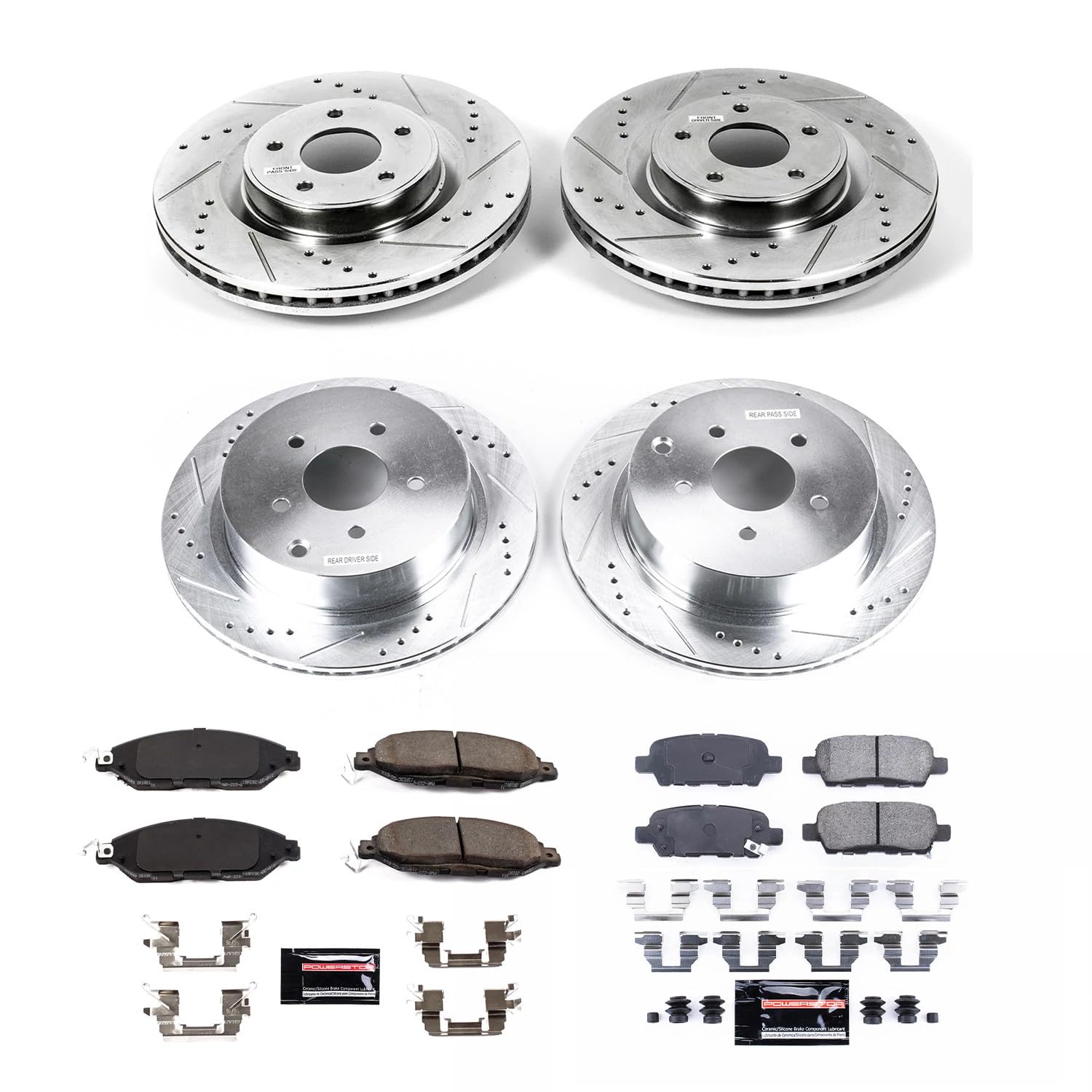 Power Stop K6497 Brake Kit with Drilled and Slotted Brake Rotors Front and Rear Z23 Carbon Fiber Pads For Infiniti Q50 Q60 QX60 Nissna Murano Pathfinder