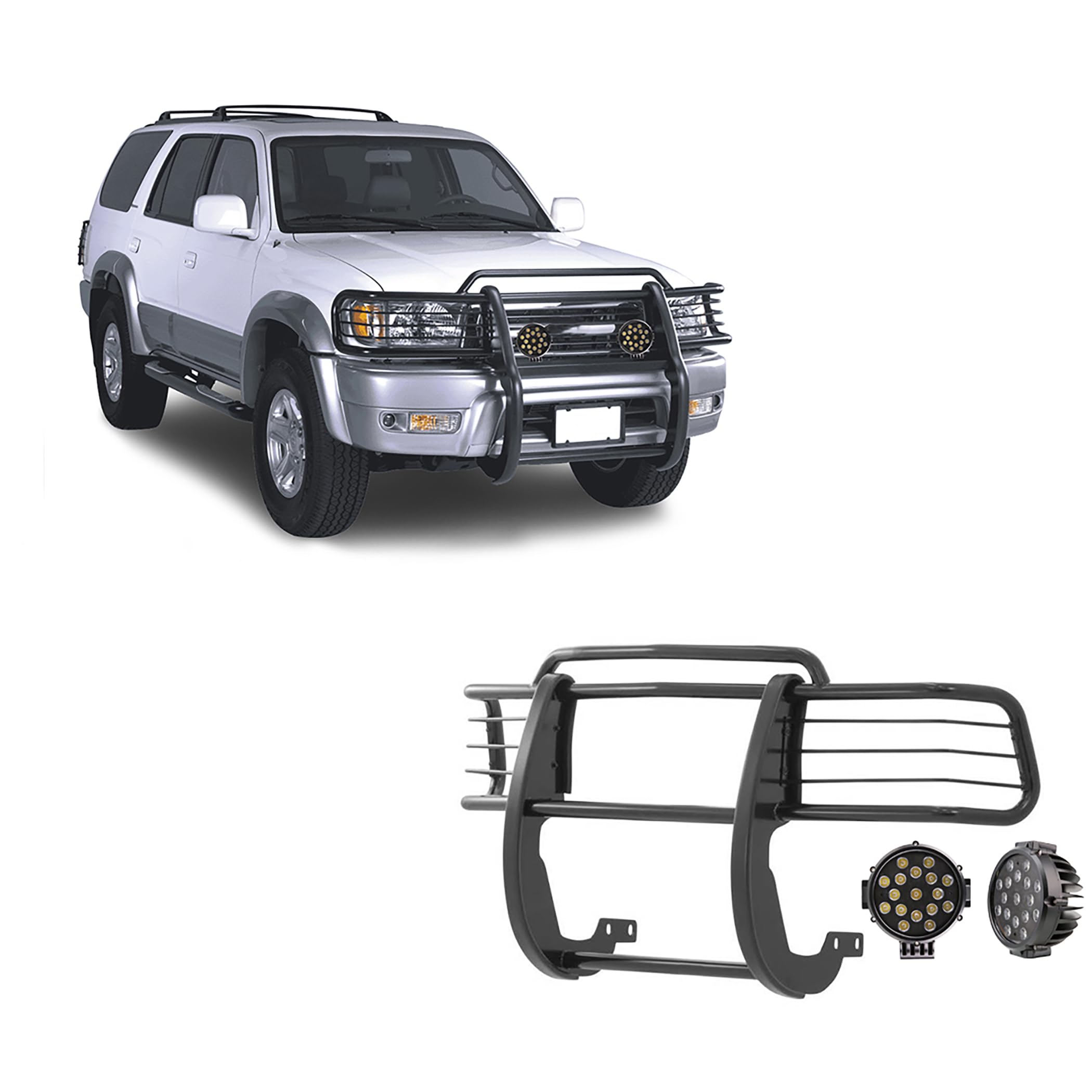 Bumper Guard Black Horse Grille Brush Modular Come with Pair of 7.0" Dia.LED Lights with Black Trim Rings Compatible with 1999-2002 Toyota 4Runner-17TN23MA-PLB