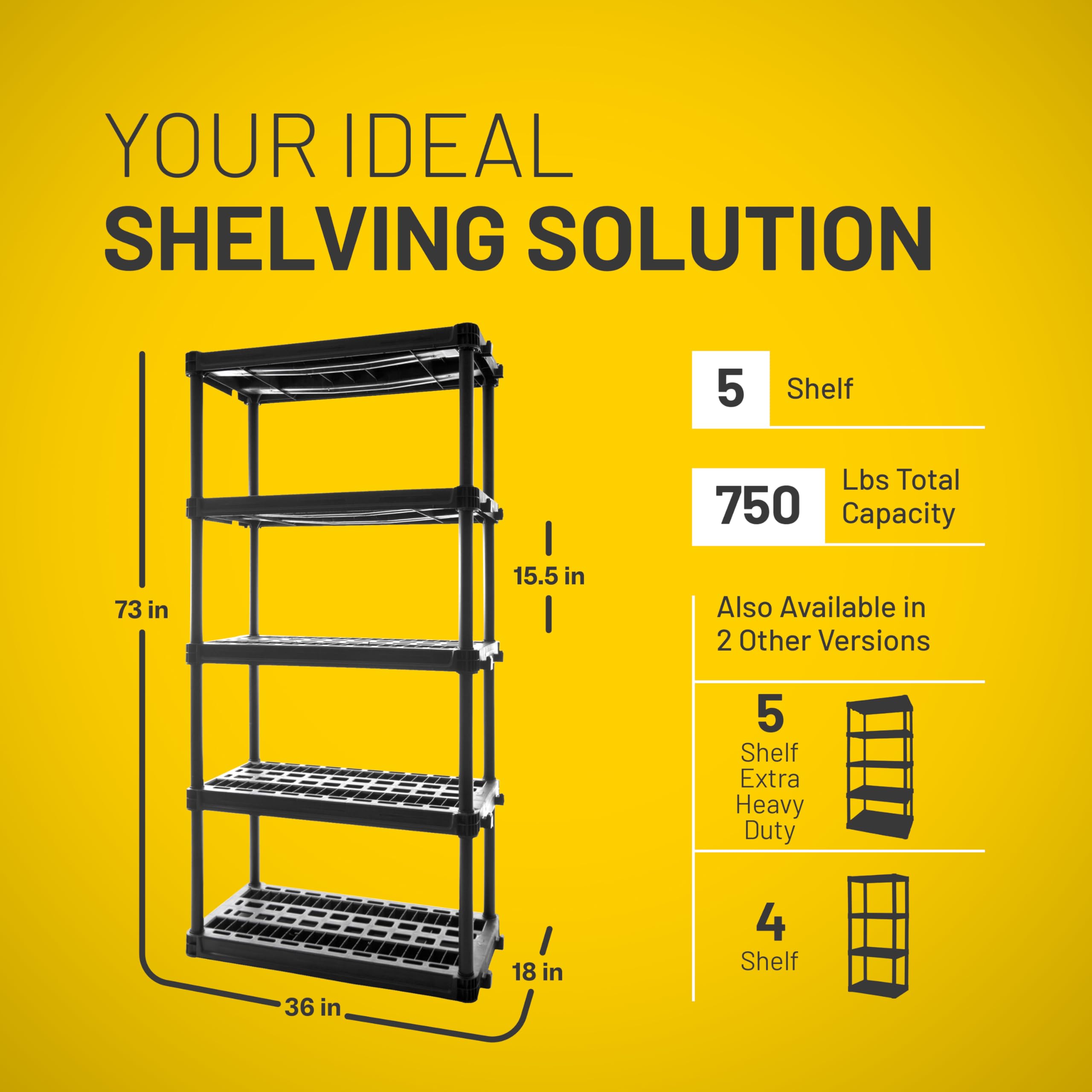 5-Shelf Plano Plastic Storage Shelves, 73” x 36” x 18”, 750lb Capacity, Office, Pantry, Closet and Garage Shelves, Easy to Assemble, Durable Plastic Shelving Unit