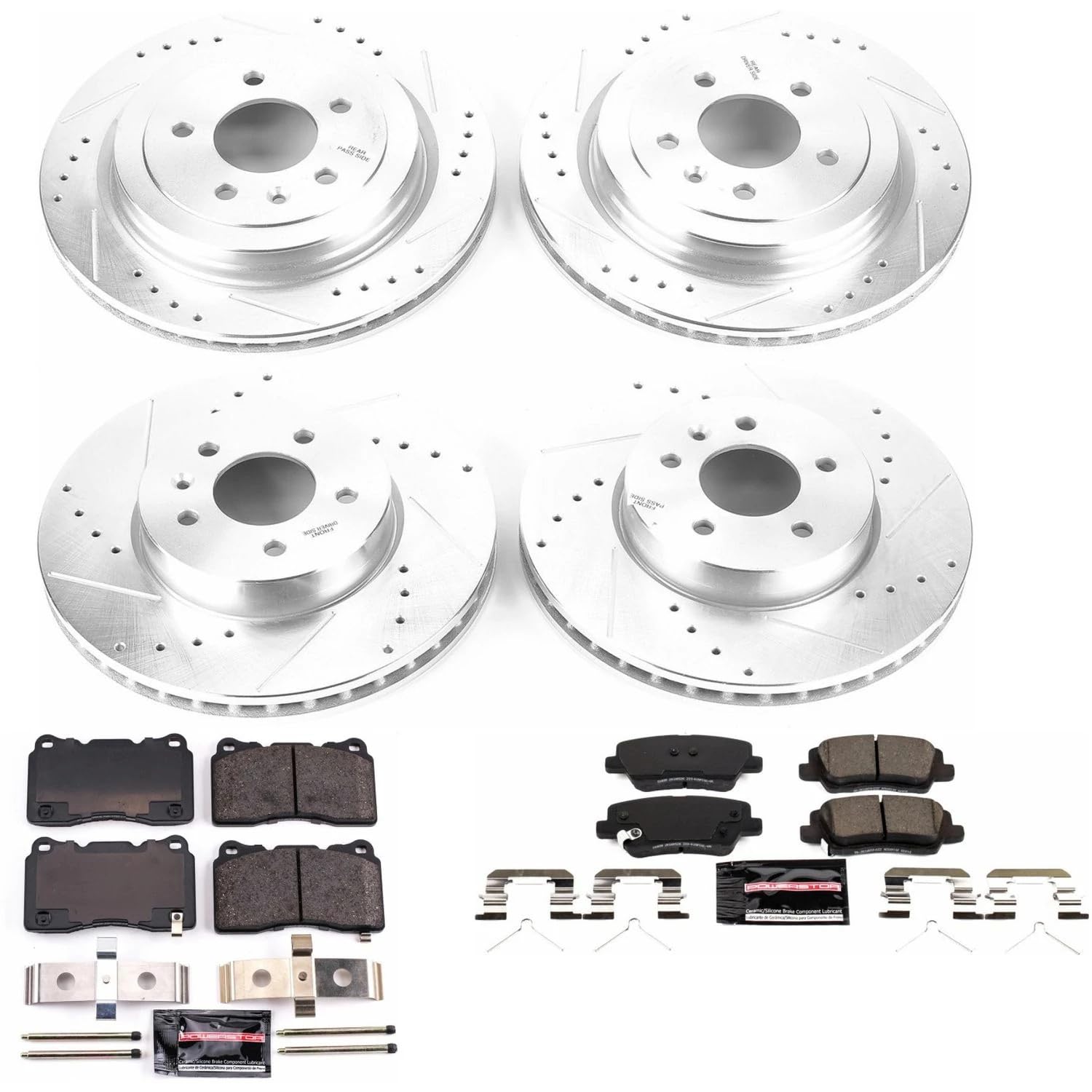 Power Stop K7403 Z23 Carbon Fiber Brake Pads Front and Rear with Drilled & Slotted Brake Rotors Kit For Cadillac ATS 2016-2018 [Model Specific]