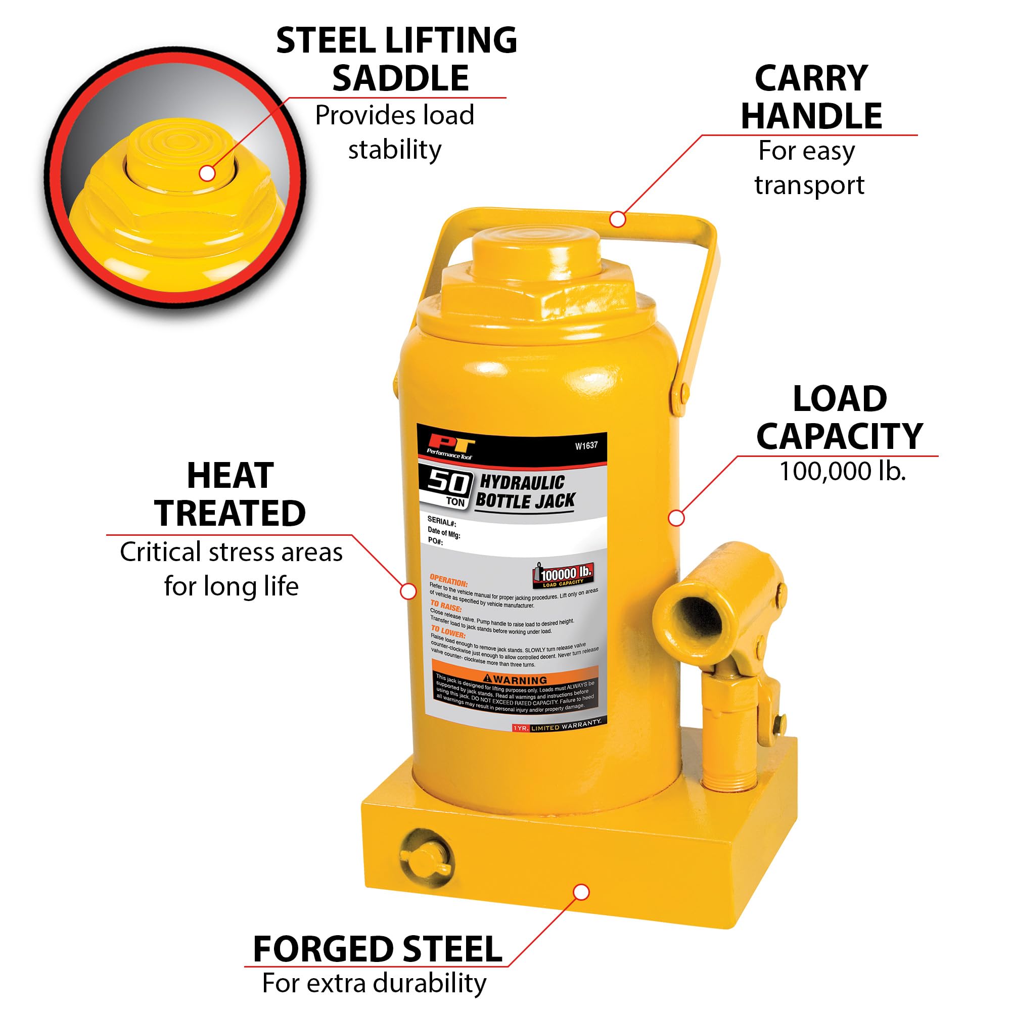 50 Ton Performance Tool W1637 Heavy Duty Hydraulic Bottle Jack (100,000 lbs.)
