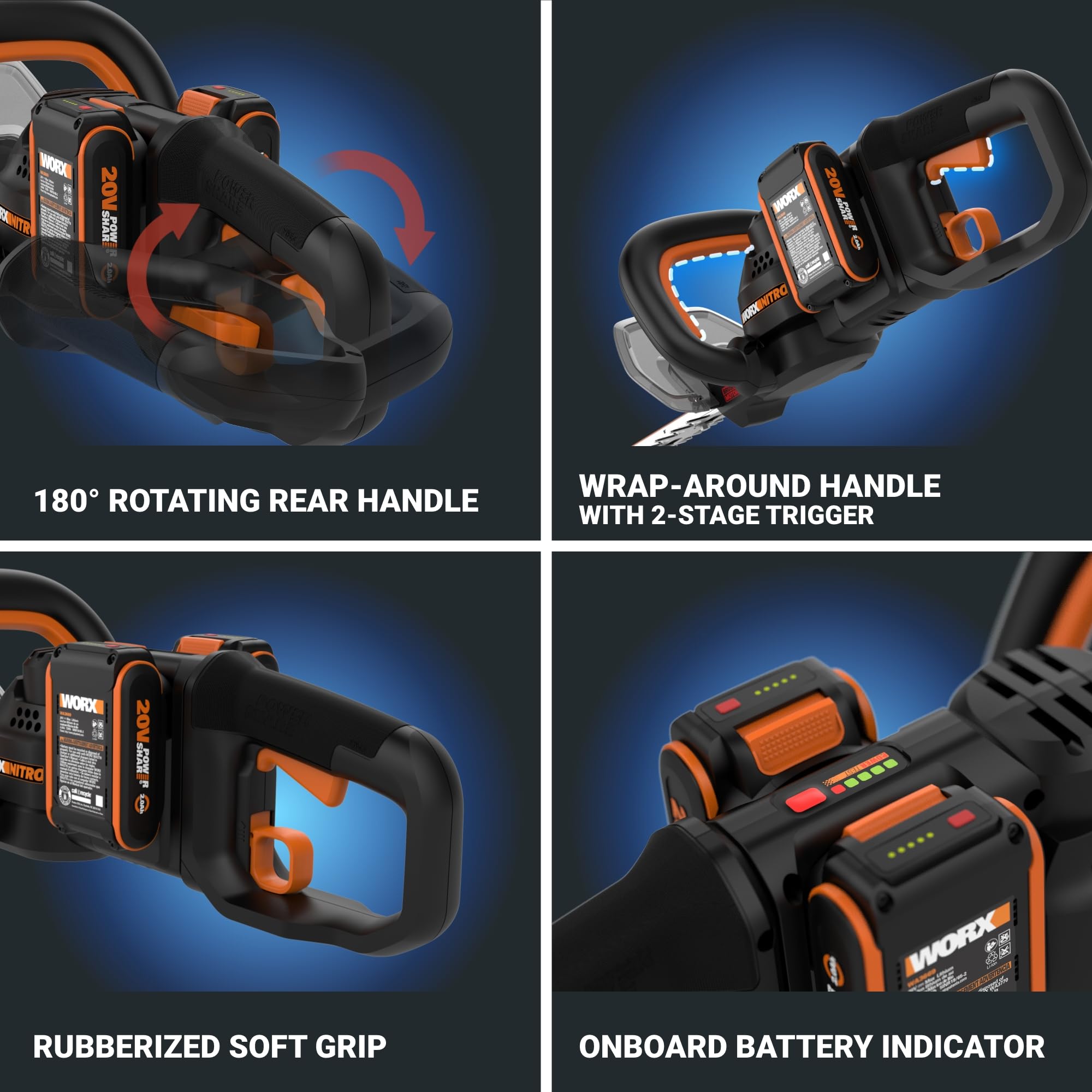 WORX 24" Nitro Cordless Hedge Trimmer, Electric Hedge Trimmer with Dual-Action Blades & 3400 SPM, Brushless Bush Trimmer with 180° Rotating Handle, 2 Batteries & Charger Included, WG286