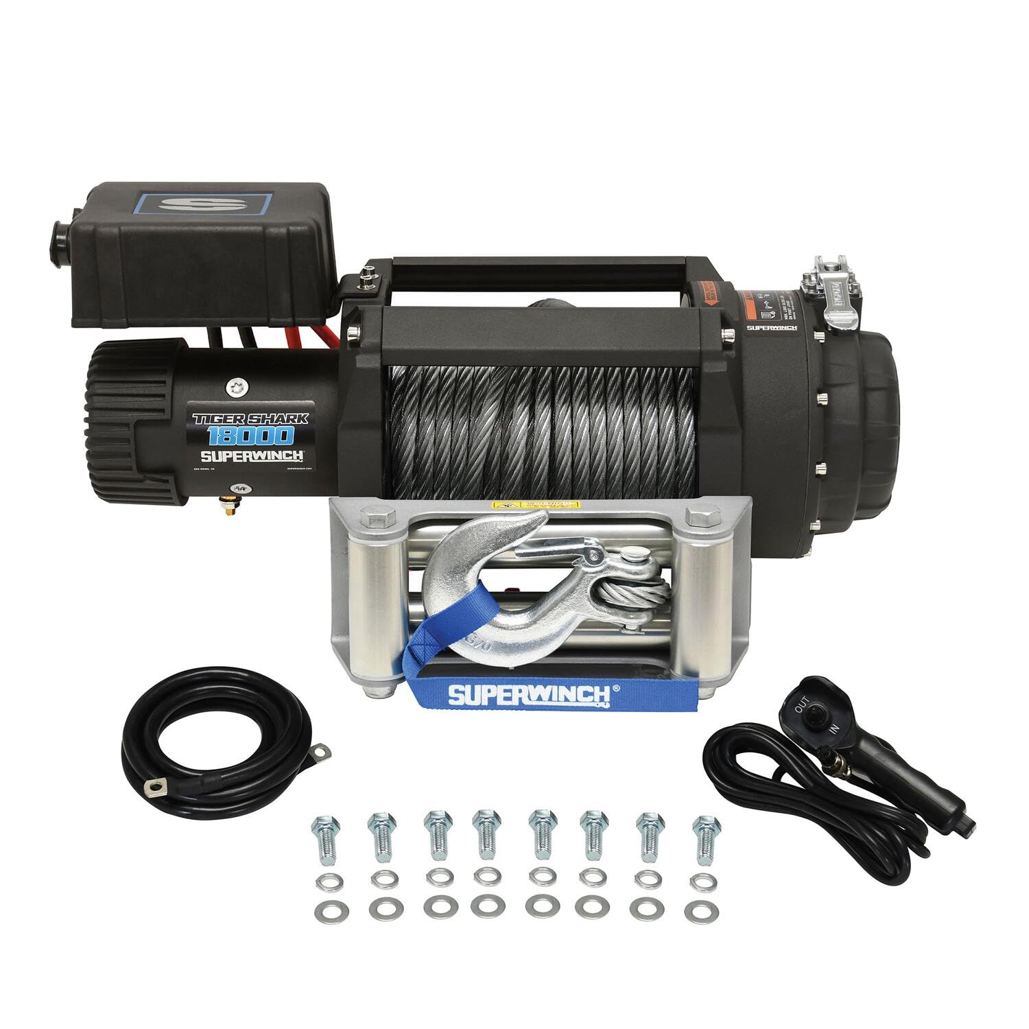 Tiger Shark Superwinch 1518000 18000 12V DC Winch 18,000lb/8165kg Single Line Pull with Roller Fairlead, 29/64" x 80' Steel Wire Rope, Corded Handheld Remote