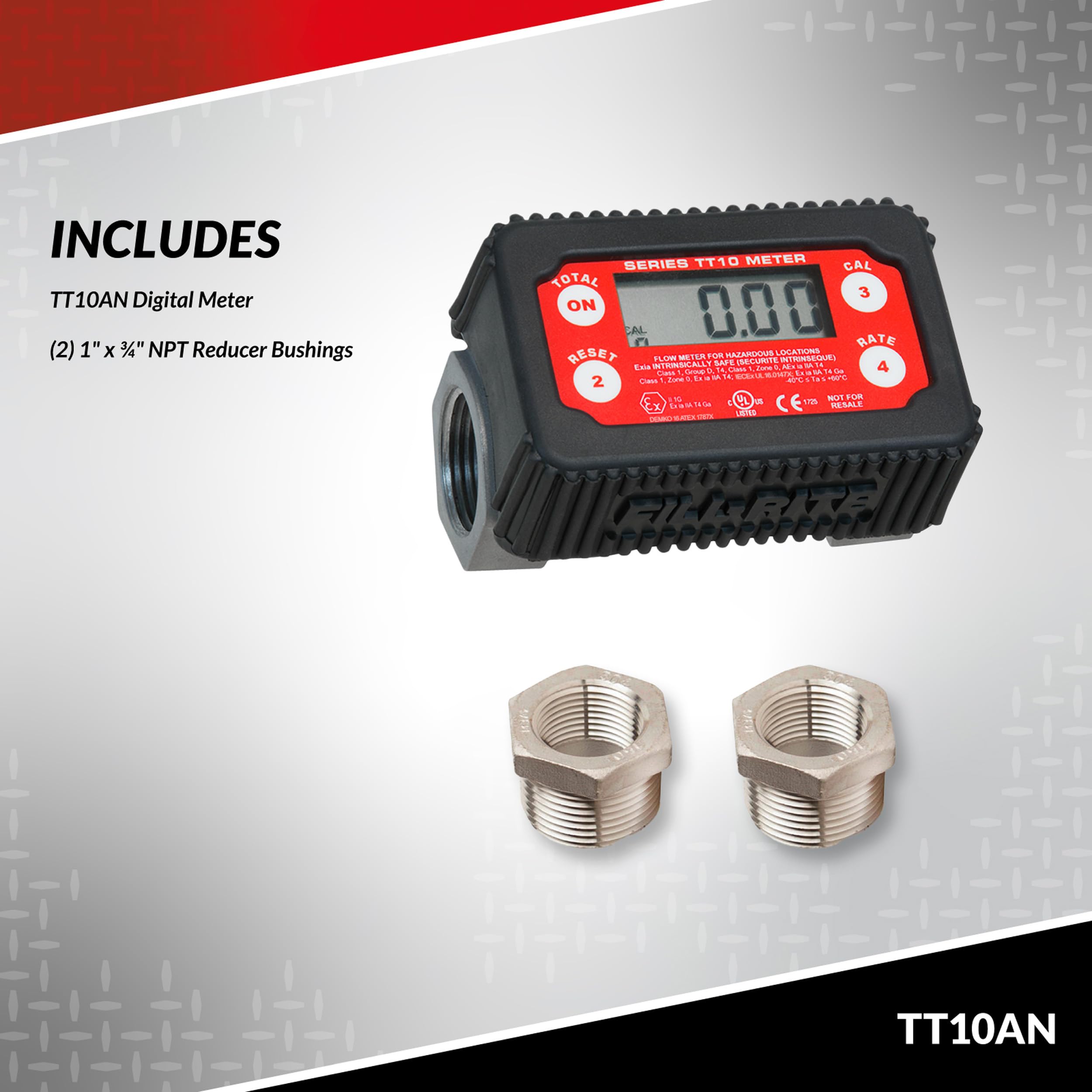 Fill-Rite 1" TT10AN 2-35 GPM(8-132 LPM) Digital In-line Turbine Meter, Aluminum, Fuel Transfer Meter,Black/Red
