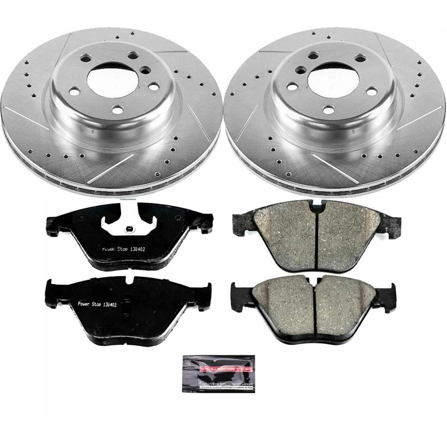 Power Stop K7163 Z23 Carbon Fiber Brake Pads with Drilled & Slotted Brake Rotors Kit For BMW 528i 2014-2016 [Model Specific]