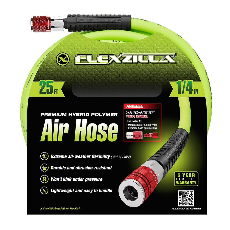 Air Hose Flexzilla with ColorConnex Industrial Type D Coupler and Plug, 1/4 in. x 25 ft., Heavy Duty, Lightweight, Hybrid, ZillaGreen - HFZ1425YW2-D