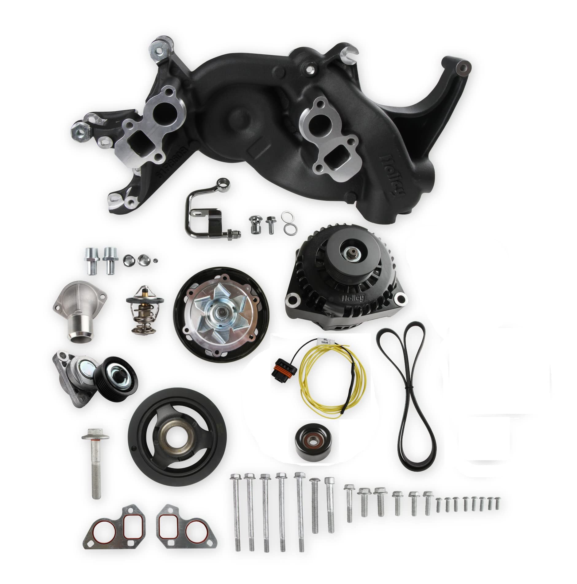 Holley Complete LS Swap Front Accessory Serpentine Drive System | Mid-Mount with Water Pump, Alternator | Gen III/IV 4.8/5.3/LS1/LS2/LS3/LS6 Black Finish 20-187BK