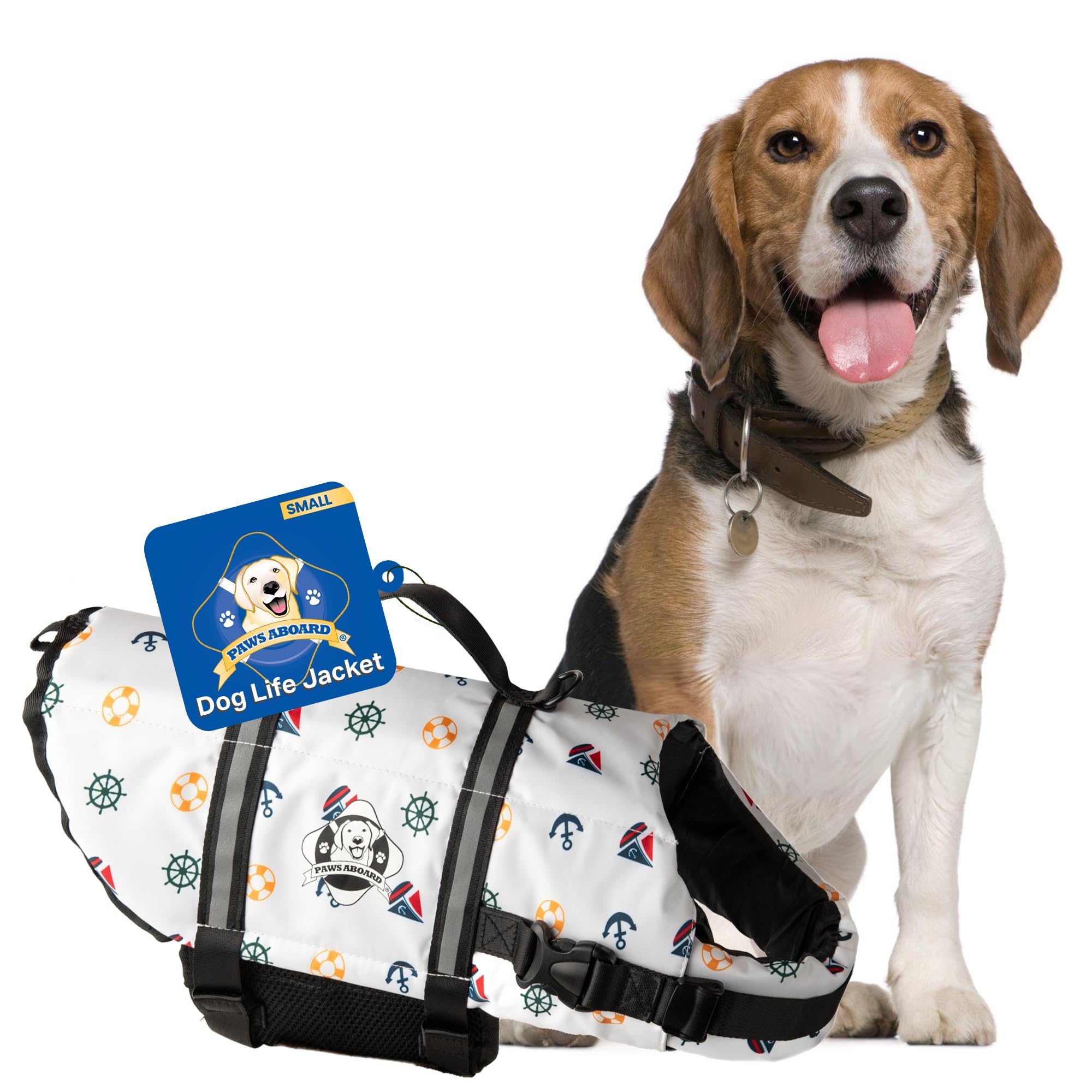 Dog Life Jacket Paws Aboard - Swimming Vest for Dogs, Adjustable, Reflective, Comfortable, Multiple Colors, Patterns, XX-Small to Extra Large Dog Swim Vest with Handle (Nautical, Small)
