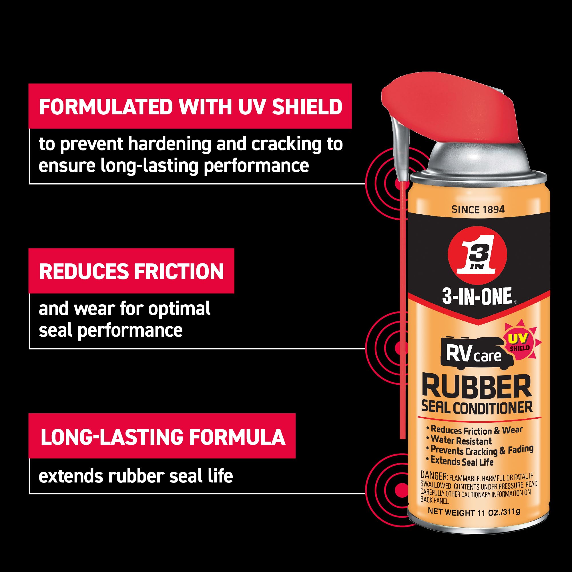 RVcare 3-IN-ONE Rubber Seal Conditioner with SMART STRAW SPRAYS 2 WAYS, 11 OZ