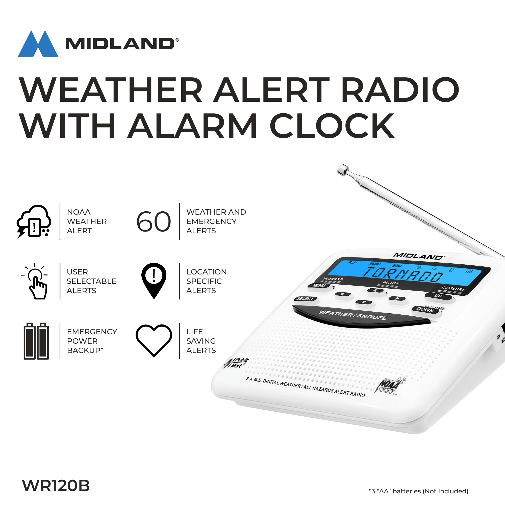 WR120B - Midland - NOAA Emergency Weather Alert Radio - Localized Programming, Trilingual Display, 60+ Emergency Alerts, Alarm, Selectable Alert Tone