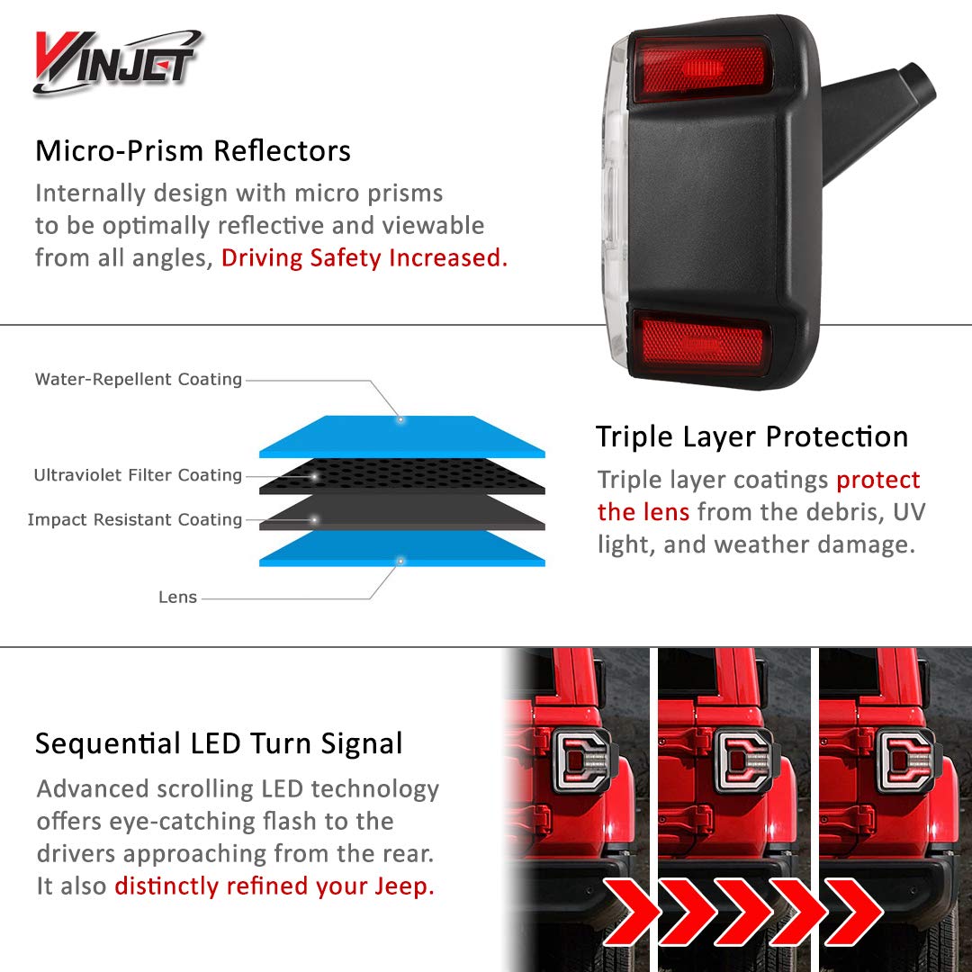Taillights Winjet Compatible with Jeep [2018-2025 Jeep Wrangler JL] & [2021-2025 Jeep Wrangler 4XE Plugin] LED Sequential Tail Lights (Clear)
