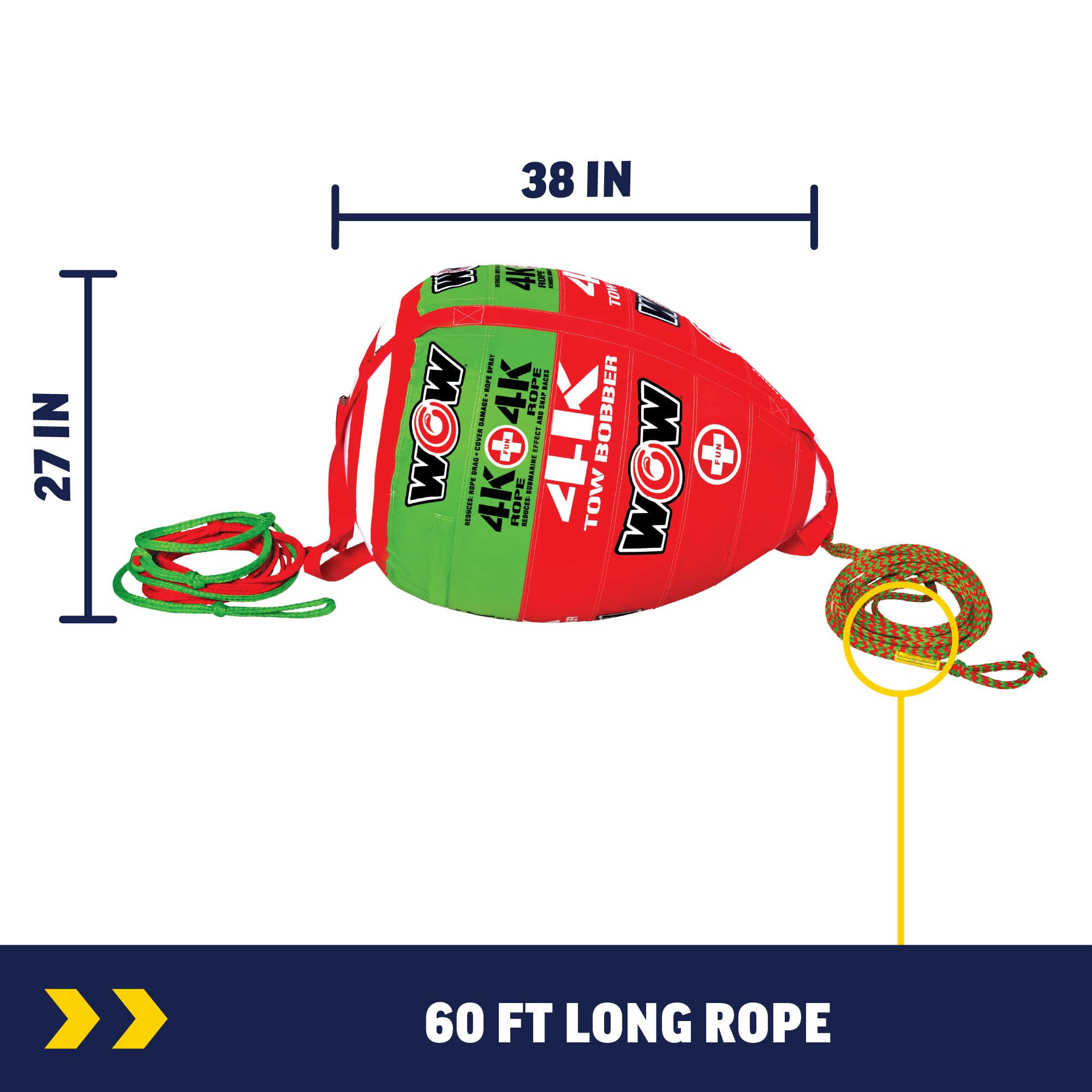 4K Towable Boating Rope W/ Bobber - WOW Sports - Perfect For Deck Tubes & Wakeboarding - Works For Kids & Adults