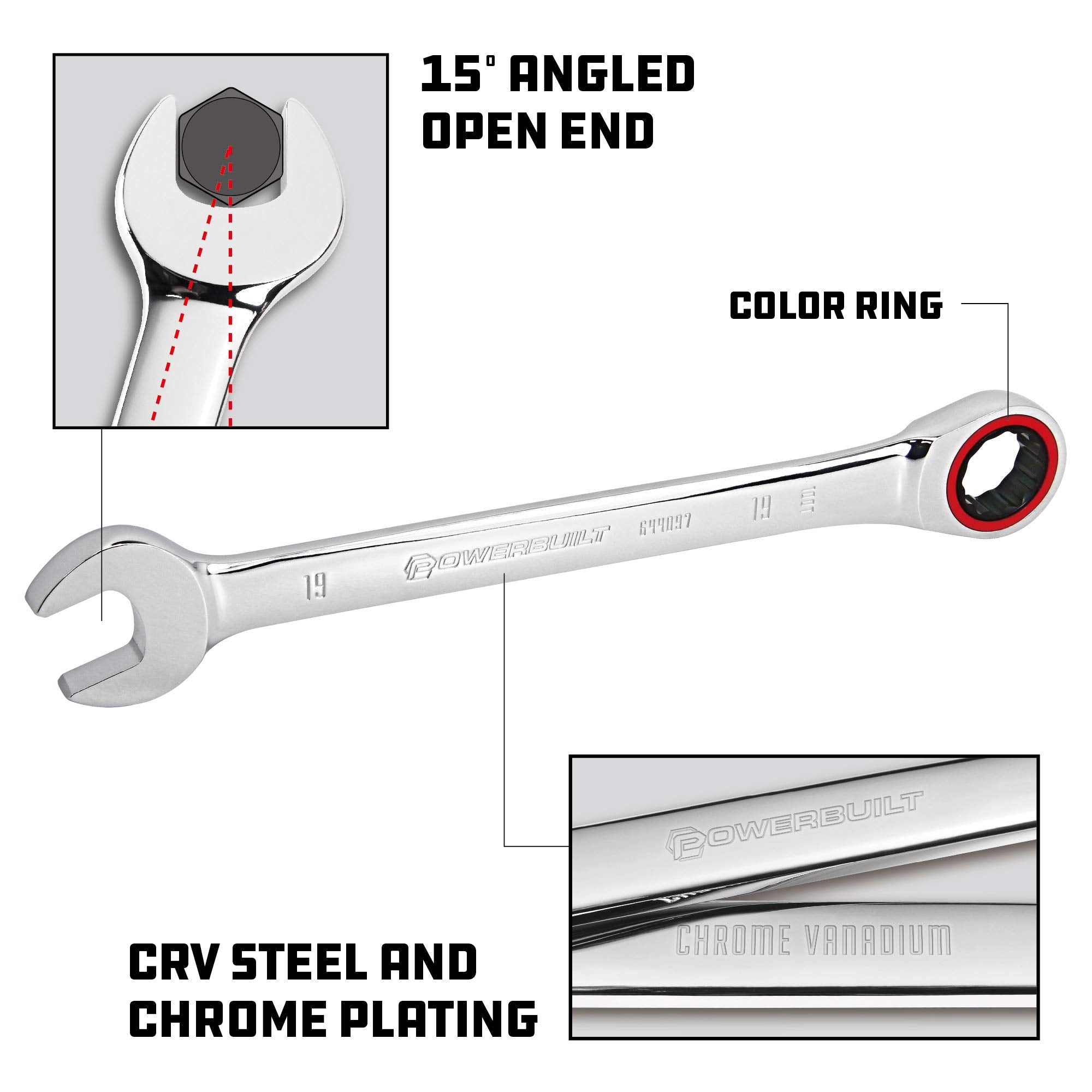 Powerbuilt 100 Tooth 7 Piece Metric Ratcheting Combination Wrench Set, 8mm 10mm 12mm 13mm 14mm 15mm 19mm, Color Ring, 3.6 degrees to engage, Storage Rack - 642762