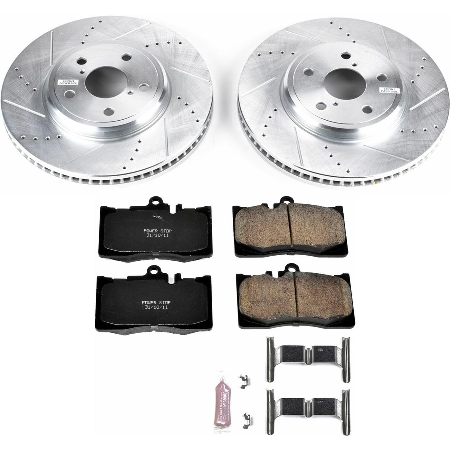 Power Stop K2327 Z23 Carbon Fiber Brake Pads with Drilled & Slotted Brake Rotors Kit and 2 Front Sensor Wires For Lexus LS430 2001-2006 [Model Specific]