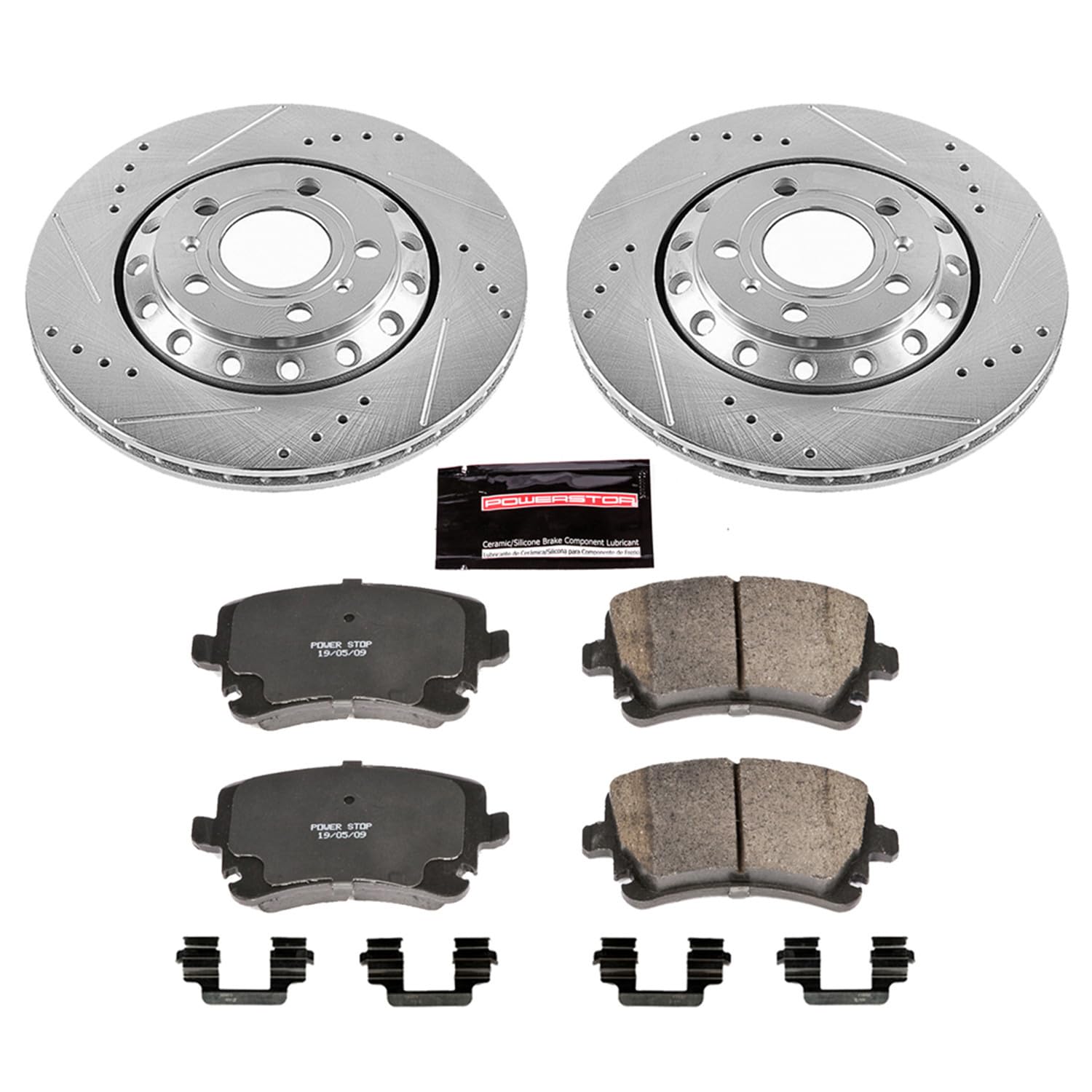 Power Stop K4562 Rear Brake Pads Z23 Carbon Fiber with Drilled & Slotted Brake Rotors Kit For Audi A8 Quattro 2003-2010, Volkswagen Phaeton 2004-2006 [Model Specific]