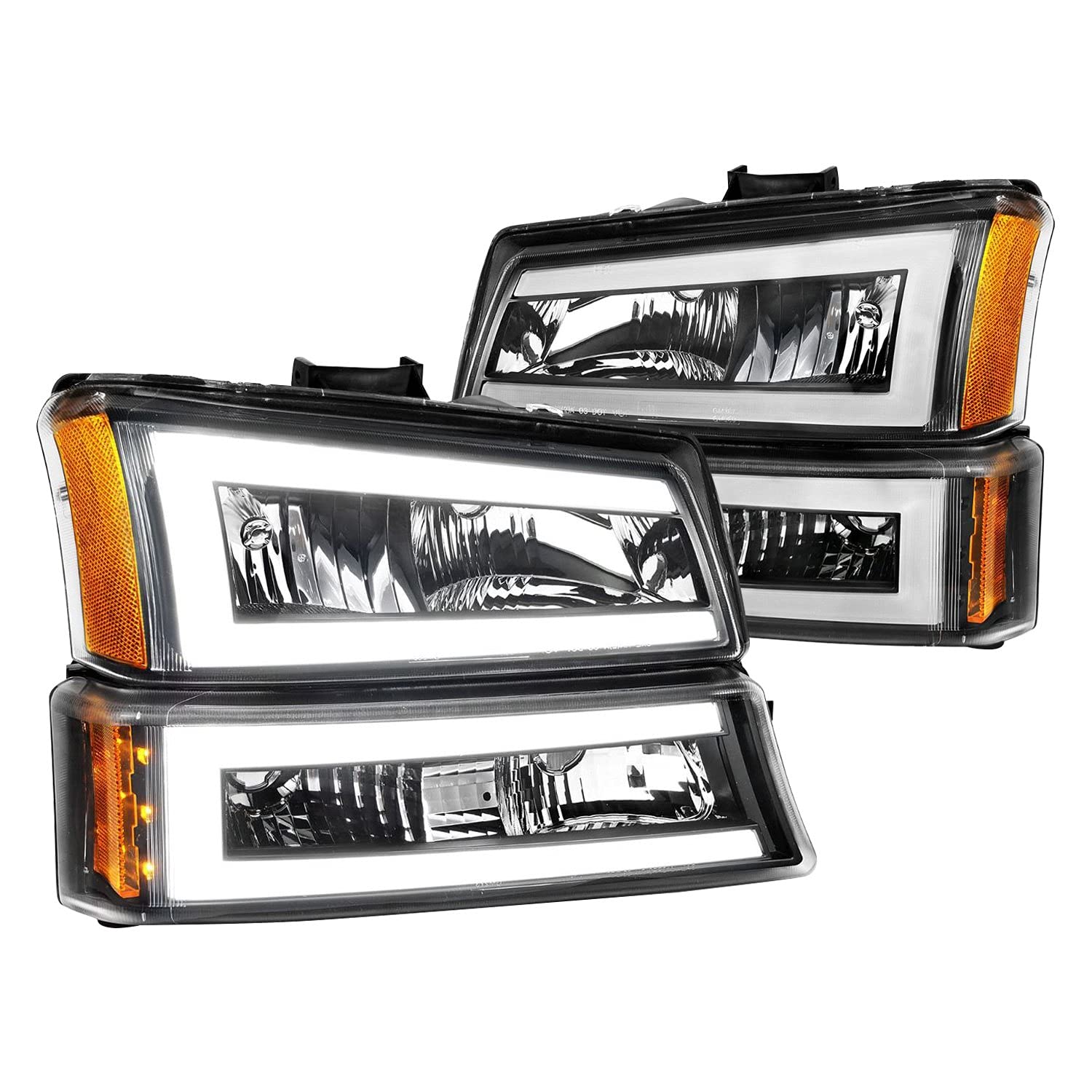 SILVERADO ANZO 1500/2500/3500 03-07/1500/2500/3500 CLASSIC 07/AVALANCHE W/O BODY CLADDING 02-06 HEADLIGHTS W/SIGNAL LIGHT BLACK HOUSING AMBER (4 PCS) (W/C LIGHT BAR) 111501