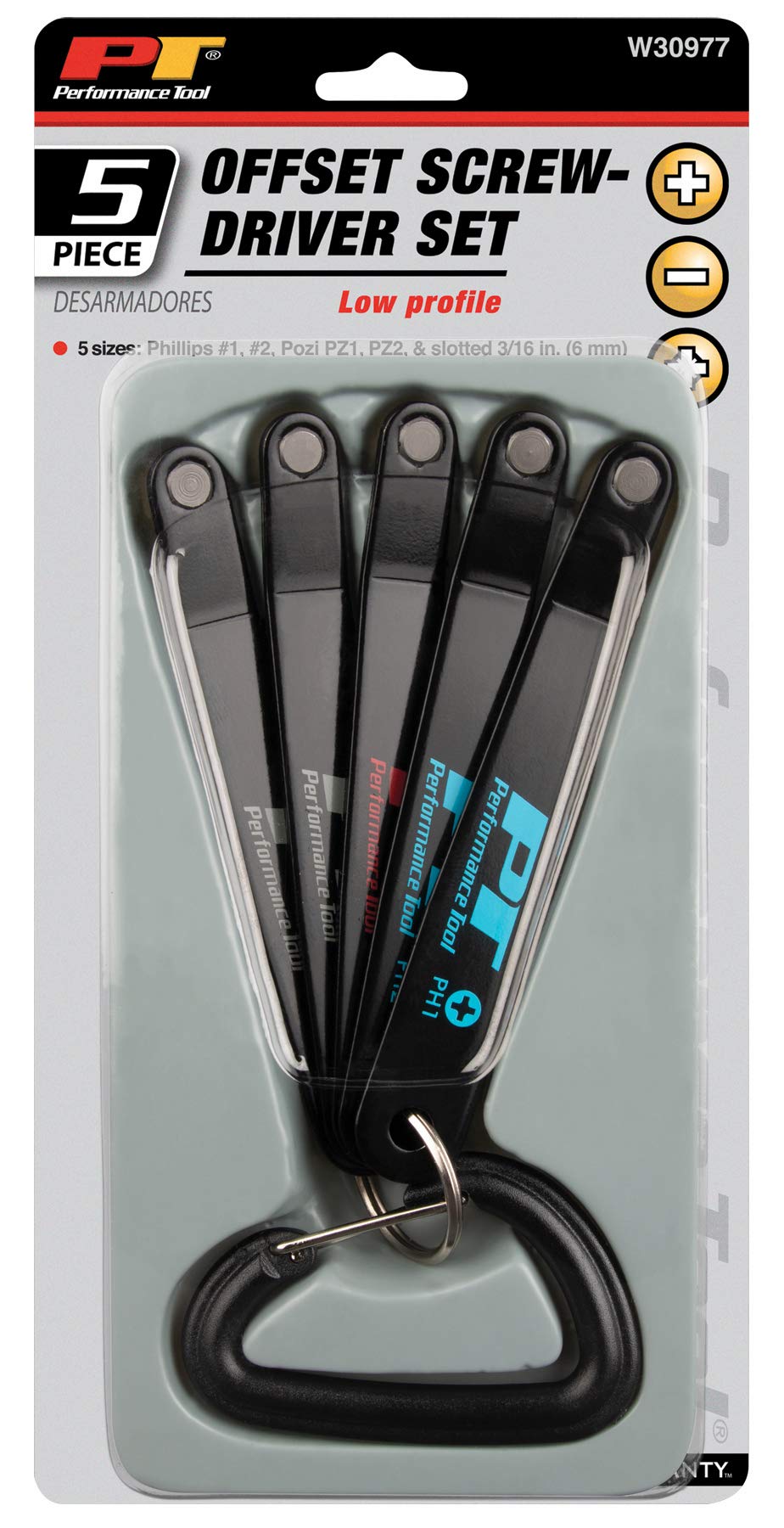 Low Profile Performance Tool W30977 Offset Screwdriver Set with 5 Popular Sizes, Corrosion-Resistant Steel Handles, and Compact Storage
