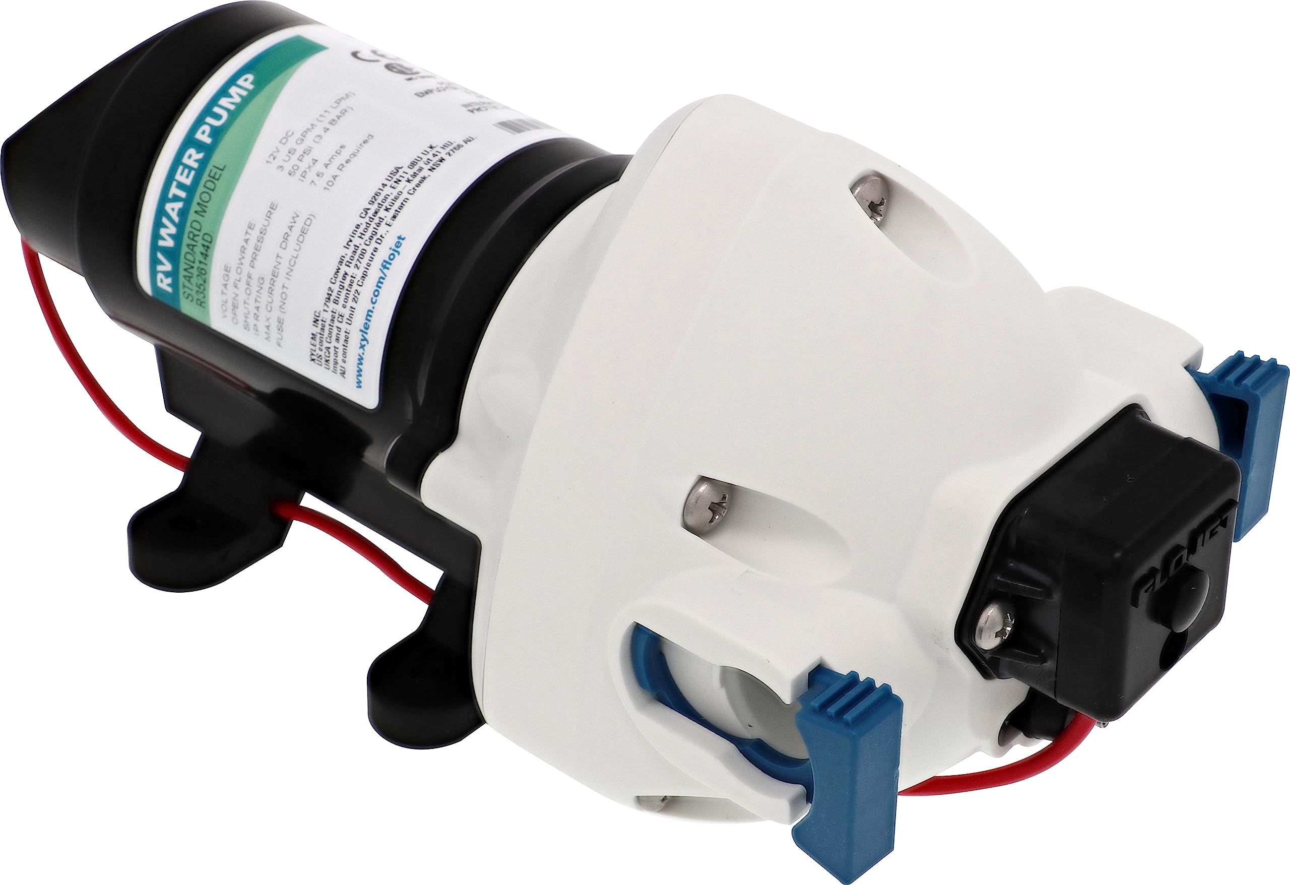 RV Water Pump Flojet R3526144D, 12 VDC 3-Chamber - Small Water Pump Ideal for Boats/Camper-Trailers - 3 GPM, 50 PSI - Self-Priming - Corrosion-Resistant & Quiet - Auto Shut-Off - Withstands Up to 160F