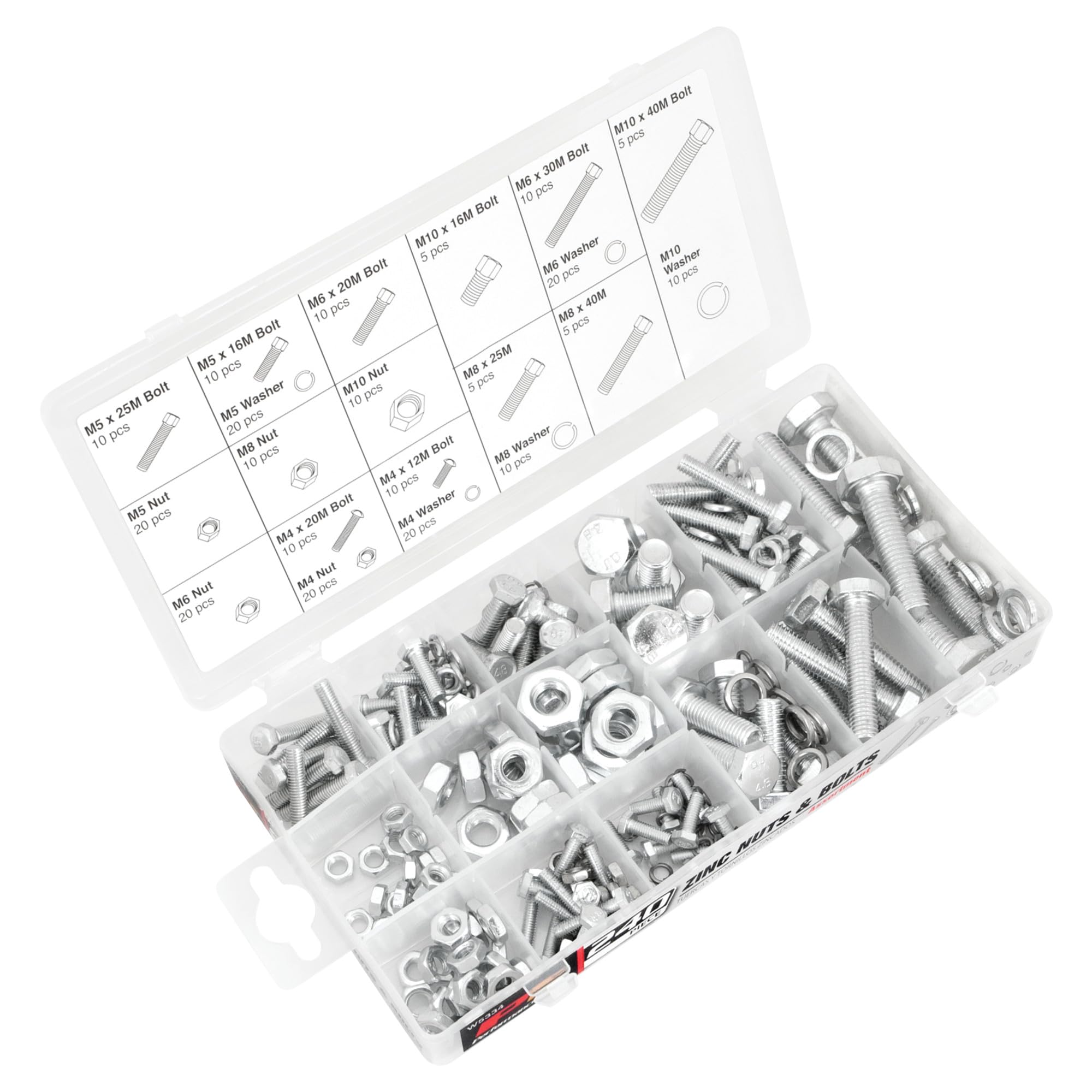 W5334 Performance Tool 240pc Zinc Nuts & Bolts Assortment With Case