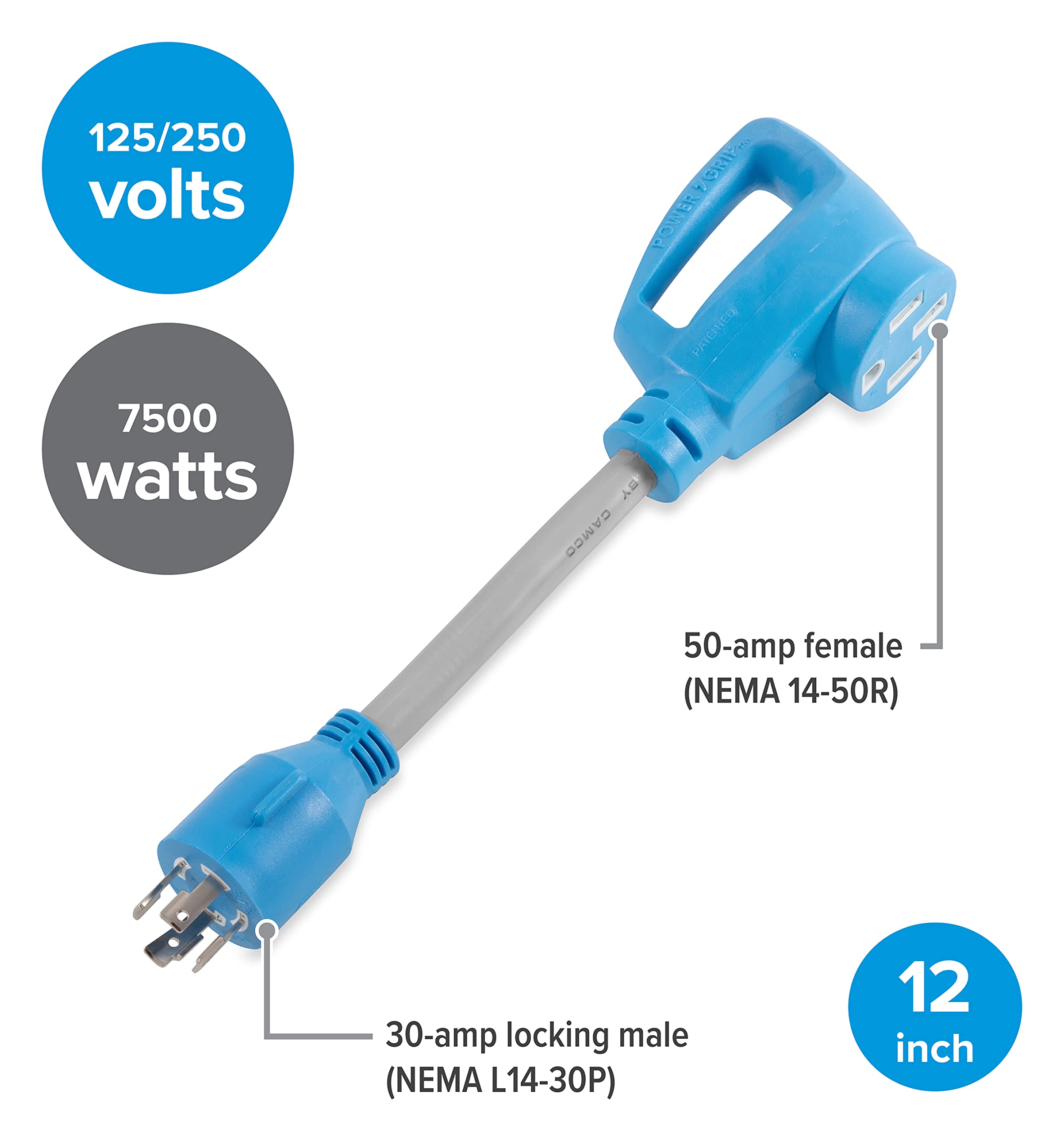 PowerGrip Camco Electric Vehicle Locking Generator Adapter | Features Heavy-Duty PVC Sheath Construction, a 30-AMP Locking Male and a 50-AMP Female Connection, and is Rated for 125/250 Volts (55441)