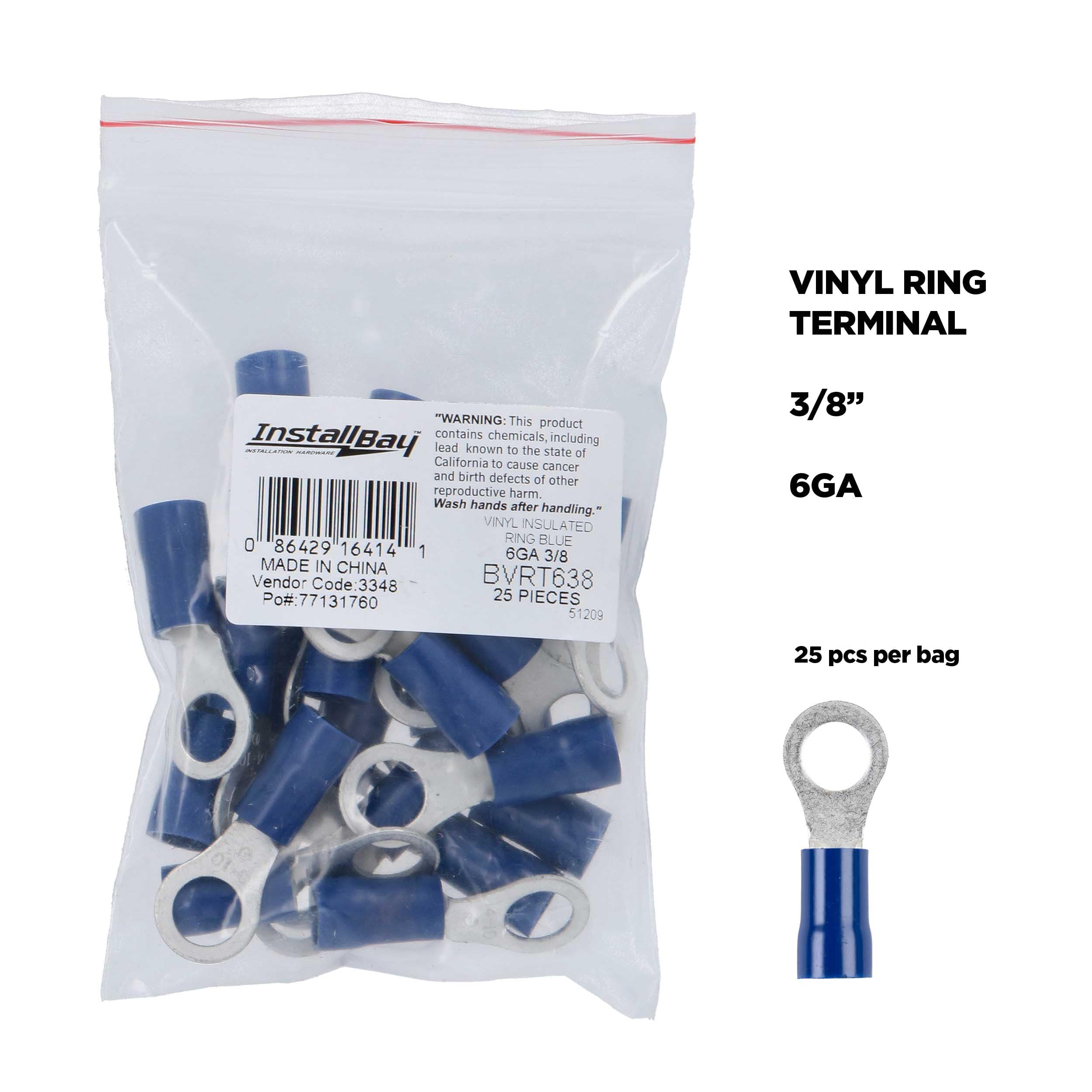 Vinyl Terminal Install Bay Ring Connector 6 Gauge 3/8 Inch Blue 25 Pack - BVRT638