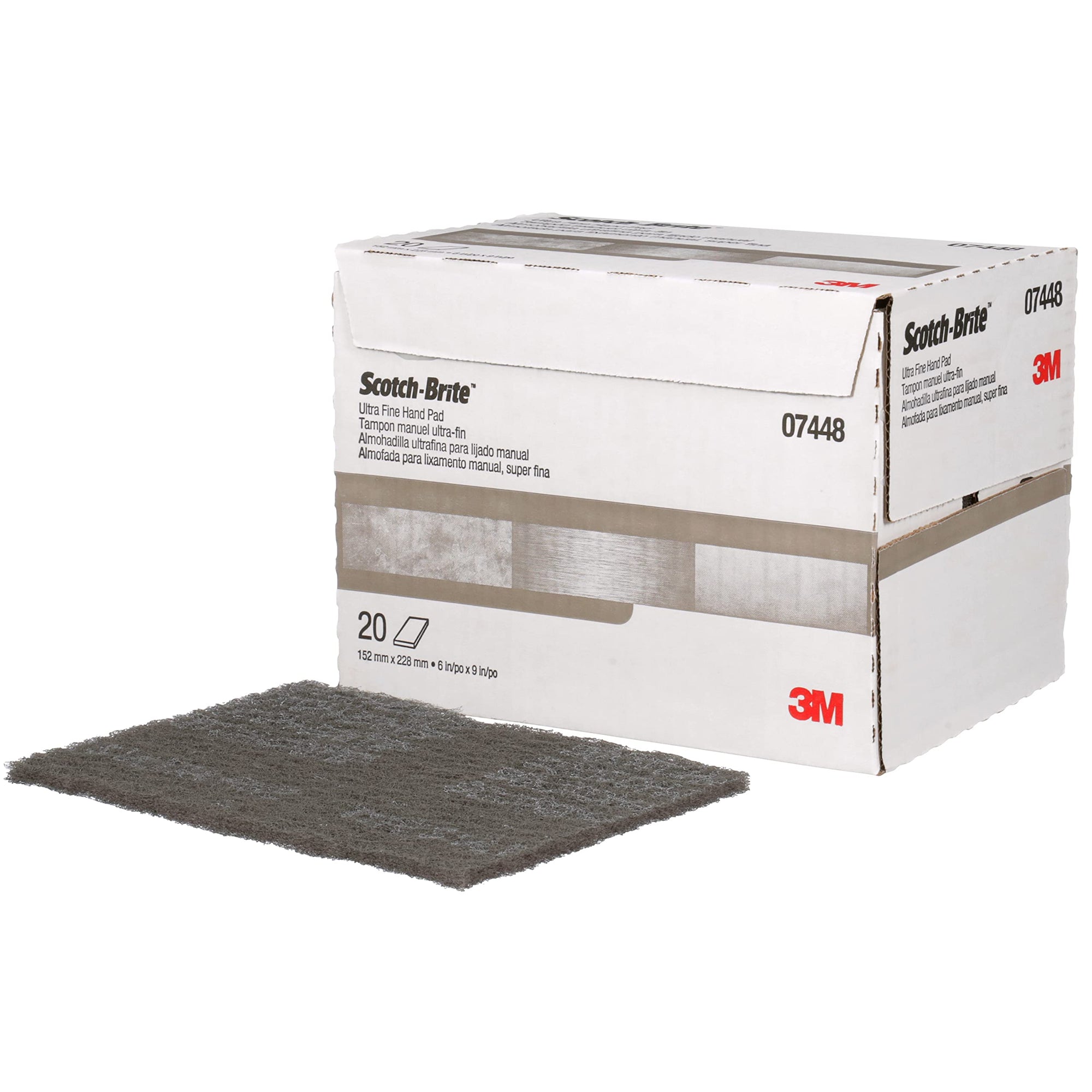 3M Ultra Fine Grade Scotch-Brite Hand Pad 07448, Case of 20, 6 in x 9 in Hand Pads, Nonwoven Silicon Carbide, Surface Preparation, Scuffing, and Cleaning, Gray (Pack of 20)