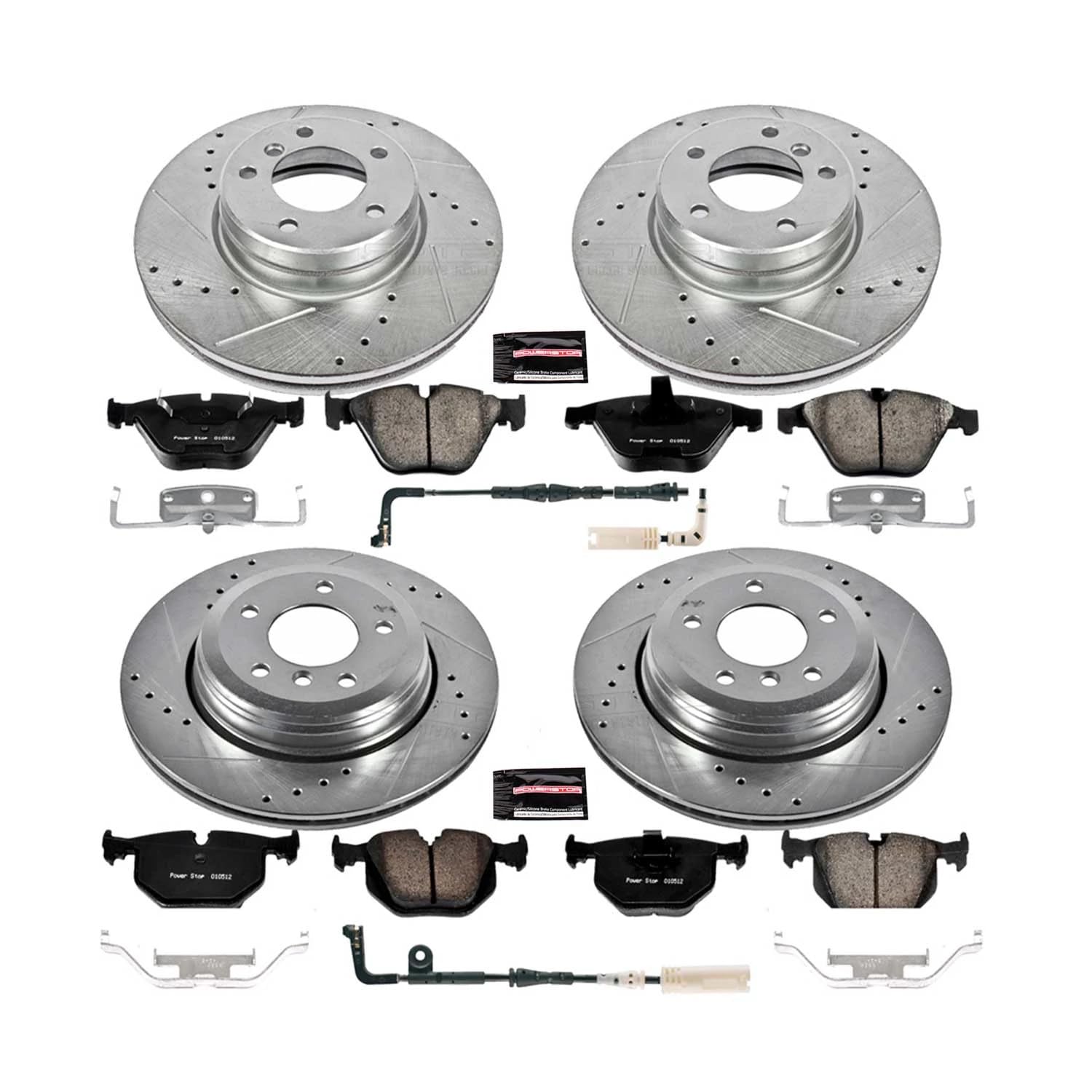 Power Stop K5360 Z23 Carbon Fiber Brake Pads Front and Rear with Drilled & Slotted Brake Rotors Kit and 1 Front & 1 Rear Sensor Wires For BMW 525i, BMW 528i, BMW 530i [Model Specific]