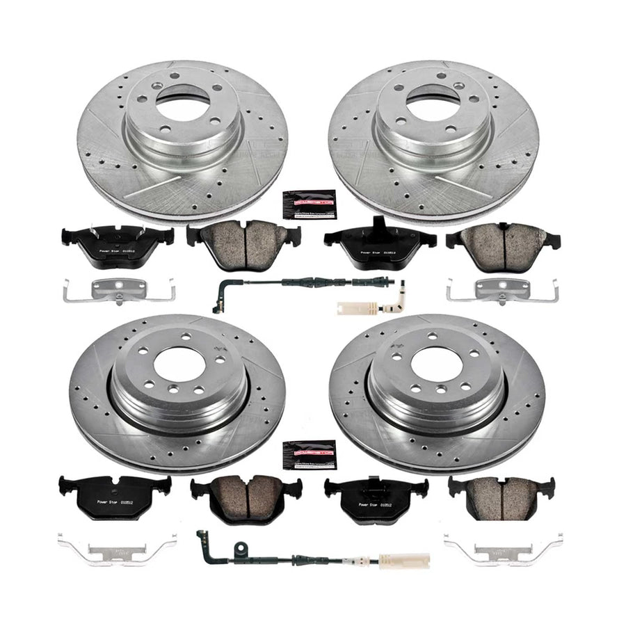 Power Stop K5360 Z23 Carbon Fiber Brake Pads Front and Rear with Drilled & Slotted Brake Rotors Kit and 1 Front & 1 Rear Sensor Wires For BMW 525i, BMW 528i, BMW 530i [Model Specific]