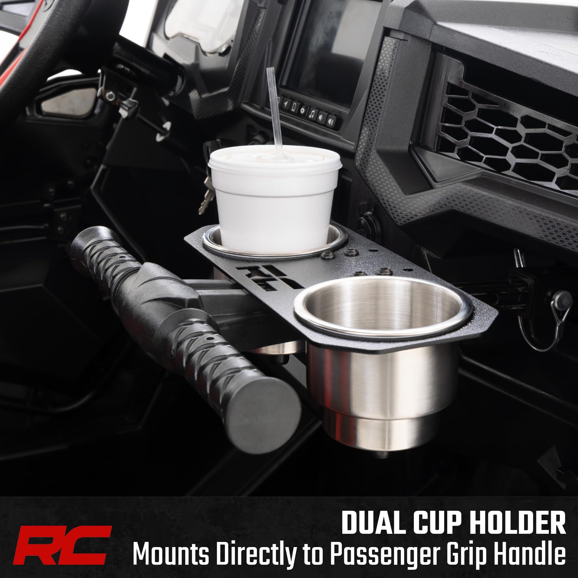Rough Country Dual Cup Holder Passenger Grip Handle for Polaris RZR 4 900 / RZR S 1000 - Stainless Steel, Trail-Ready Drink Mount
