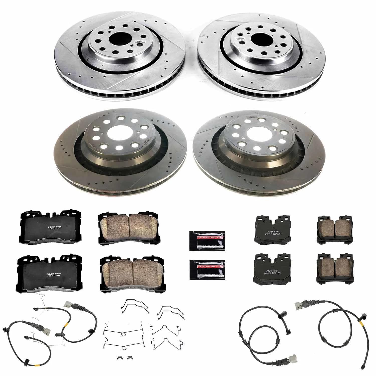 Power Stop K5827 Z23 Carbon Fiber Brake Pads with Drilled & Slotted Brake Rotors Kit Front and Rear and 2 Front & 2 Rear Sensor Wires