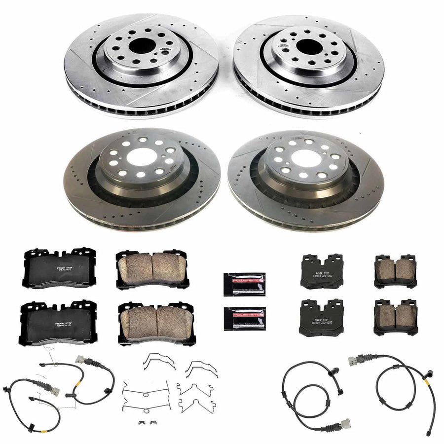 Power Stop K5827 Z23 Carbon Fiber Brake Pads with Drilled & Slotted Brake Rotors Kit Front and Rear and 2 Front & 2 Rear Sensor Wires