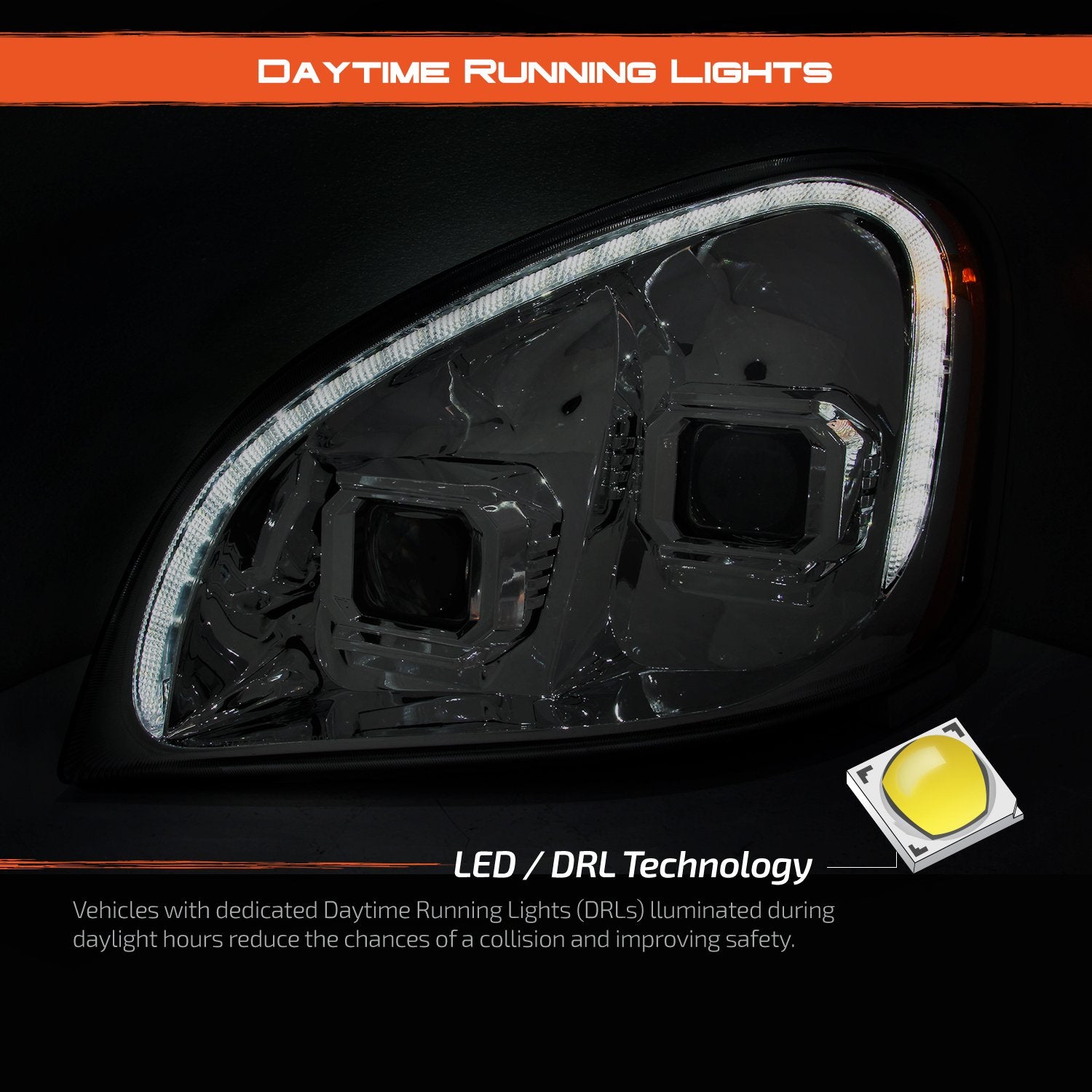 For 2008-17 Freightliner Cascadia AKKON Switchback LED Signal Daytime Running Lamp Strip Projector Headlights Chrome Housing Clear Lens Set