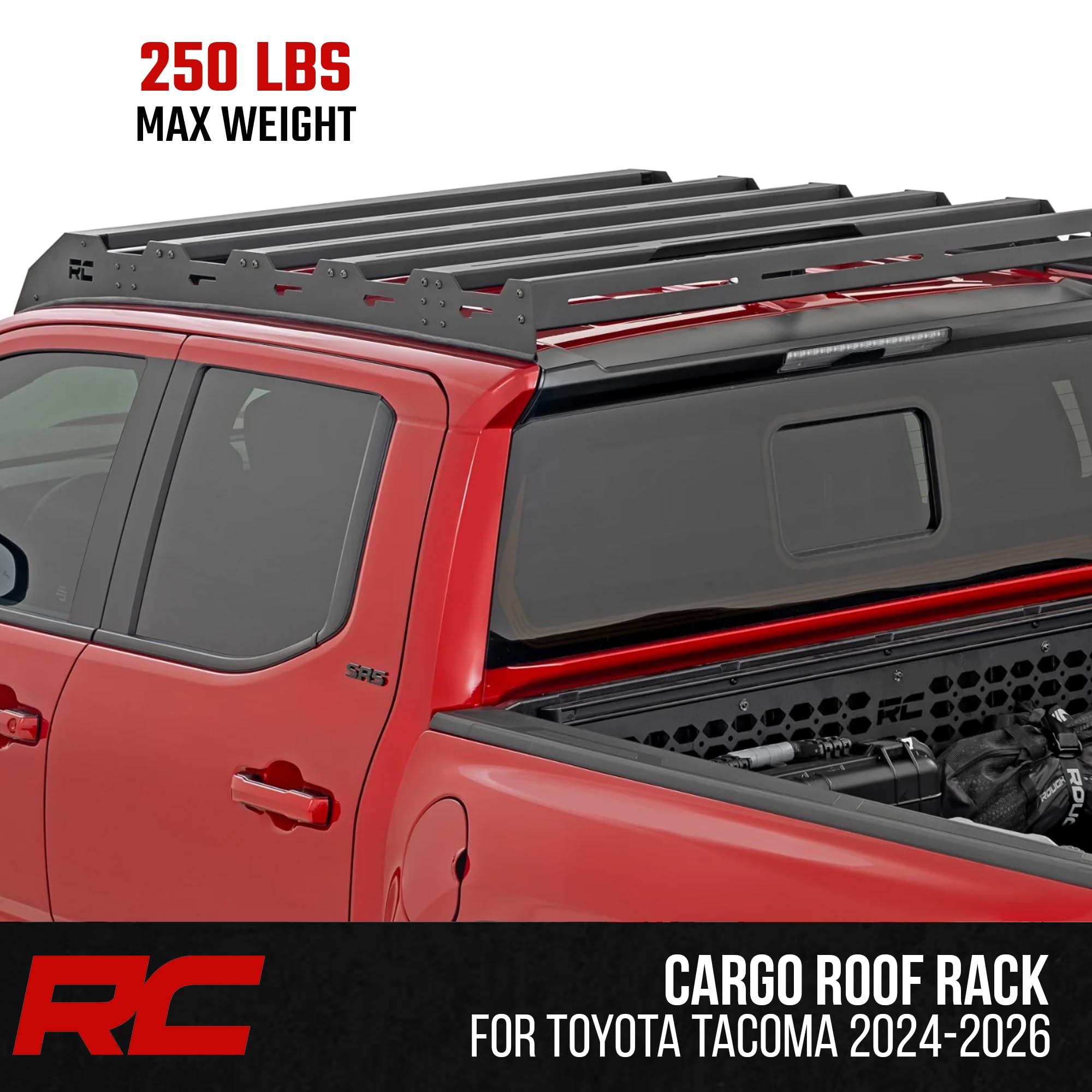Roof Rack Rough Country with 40" LED Light Bar for Toyota Tacoma (2024–2025) - Heavy-Duty Cargo Rack with Slotted Cross Rails & 250 lb Capacity, No-Drill Bolt-On Installation