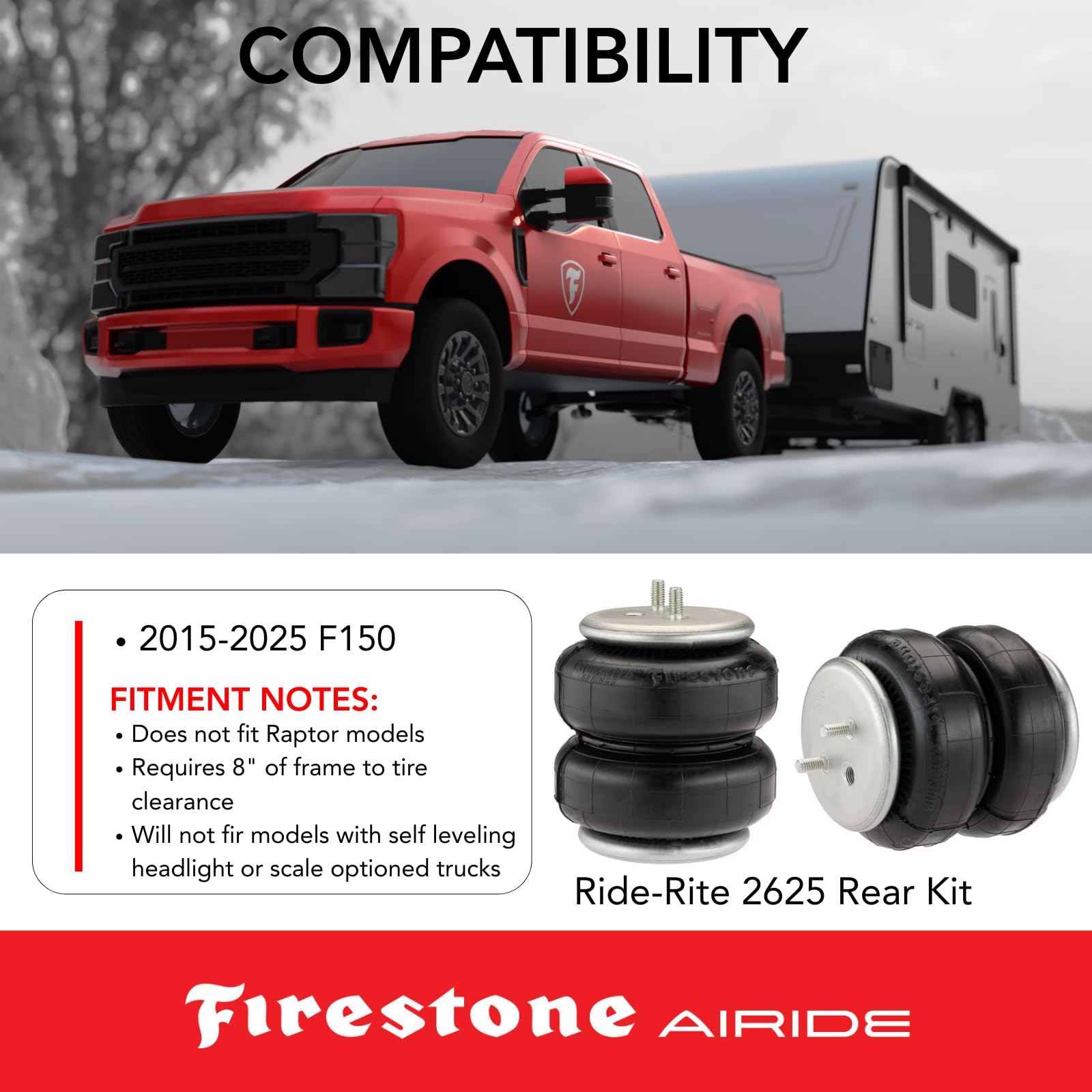 Firestone 2582 Airide Rear Spring Kit fits 2015-2025 F150 | Load Capacity of 5,000 Pounds | 5-100 PSI | Enhances Brake Effectiveness | No Drill System | Increased Road Safety