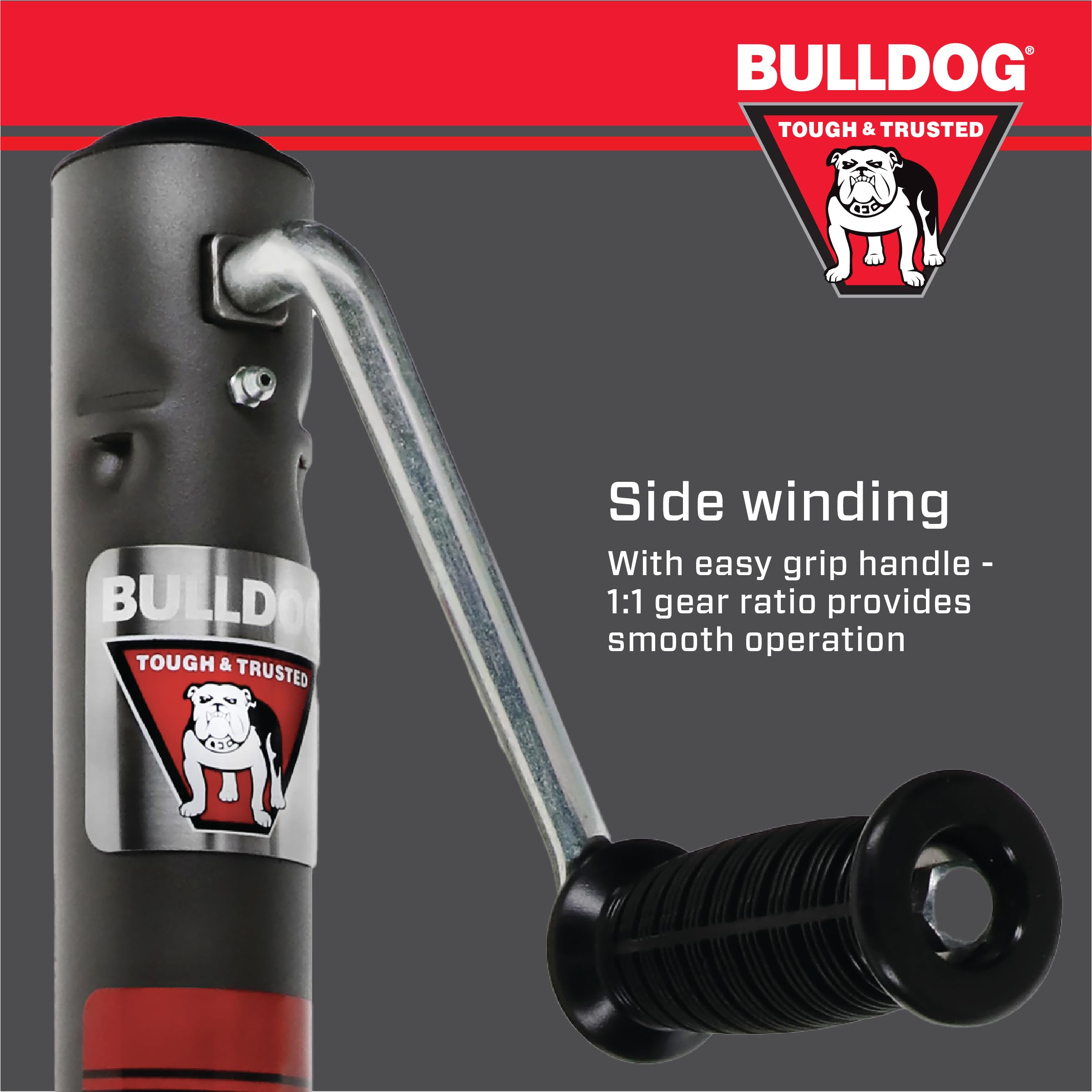 Round Bulldog 151444 Trailer Jack, Side Mount, 1,500 lbs. Lift Capacity, Sidewind, Bolt-On, 10 Inch Travel