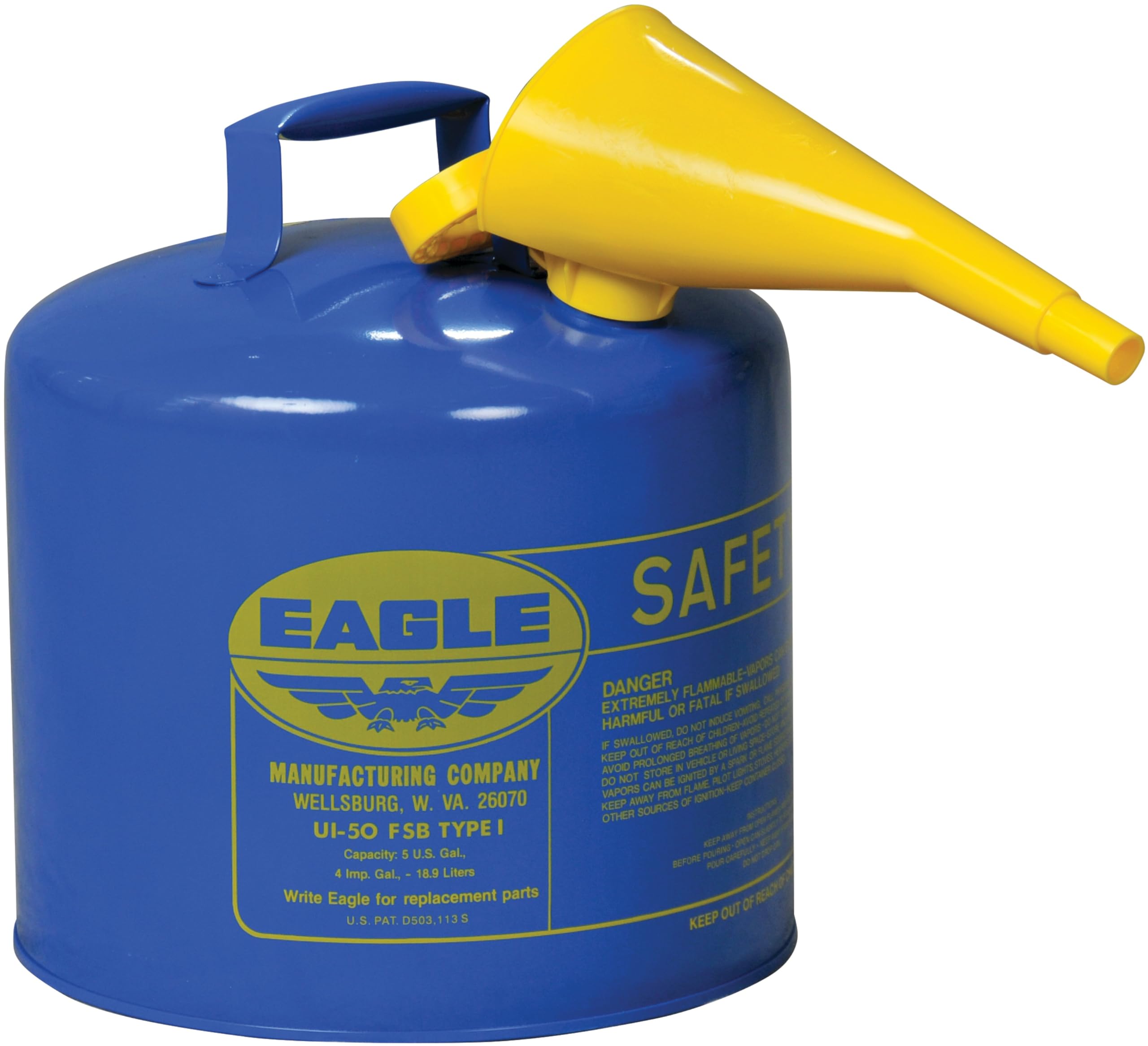 5 Gallon Eagle Type I Blue Safety Gas Can for Kerosene with Flame Arrester, Self-Closing Lid, and F-15 Funnel, Made in the USA, Galvanized Steel Flammable Storage Can, UI50FSB