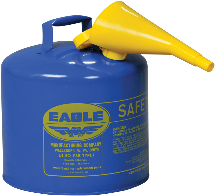 5 Gallon Eagle Type I Blue Safety Gas Can for Kerosene with Flame Arrester, Self-Closing Lid, and F-15 Funnel, Made in the USA, Galvanized Steel Flammable Storage Can, UI50FSB