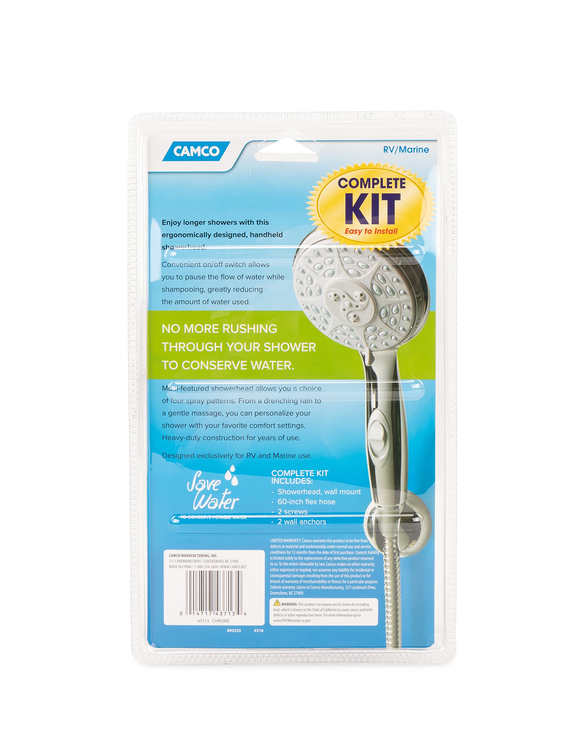 RV Shower Head Kit Camco 43713 with On/Off Switch and 60" Flexible Shower Hose (Chrome)