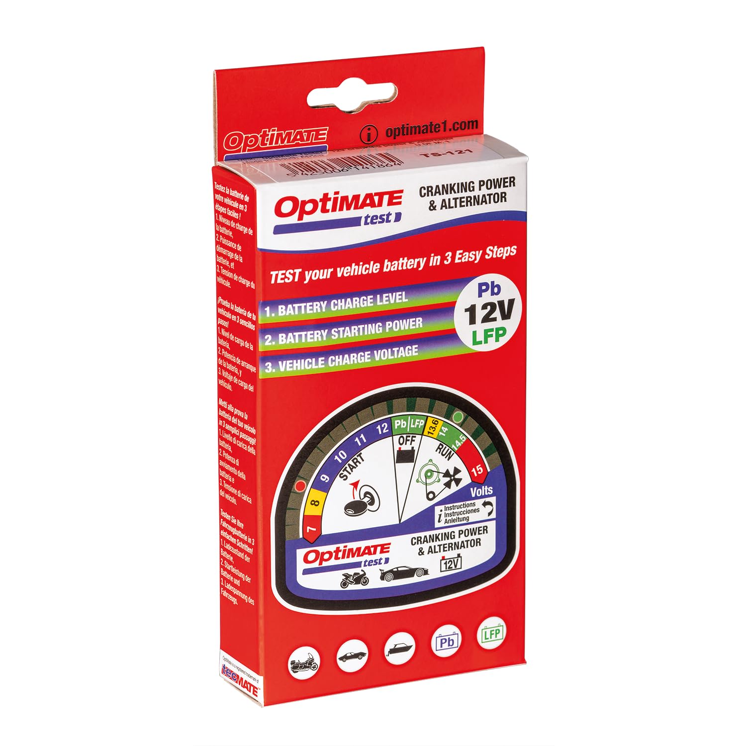 Tecmate Optimate Test – TS-121, Cranking & Alternator, 12V Tester for Battery State of Charge, cranking Performance and Vehicle Charging System