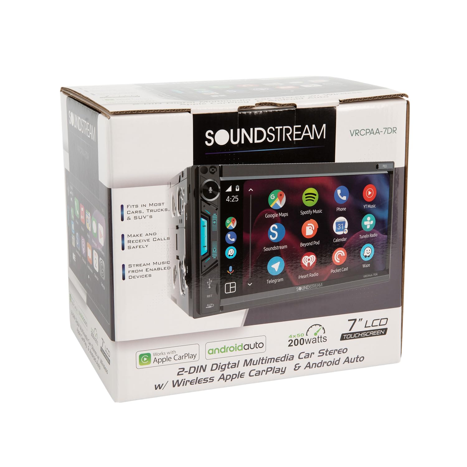 Soundstream 7" VRCPAA-7DR Double DIN Touchscreen Car Stereo, Wireless Apple CarPlay & Android Auto, Bluetooth Hands-Free, USB/AUX, Backup Camera Input, Steering Wheel Control, FM/AM, In-Dash Head Unit