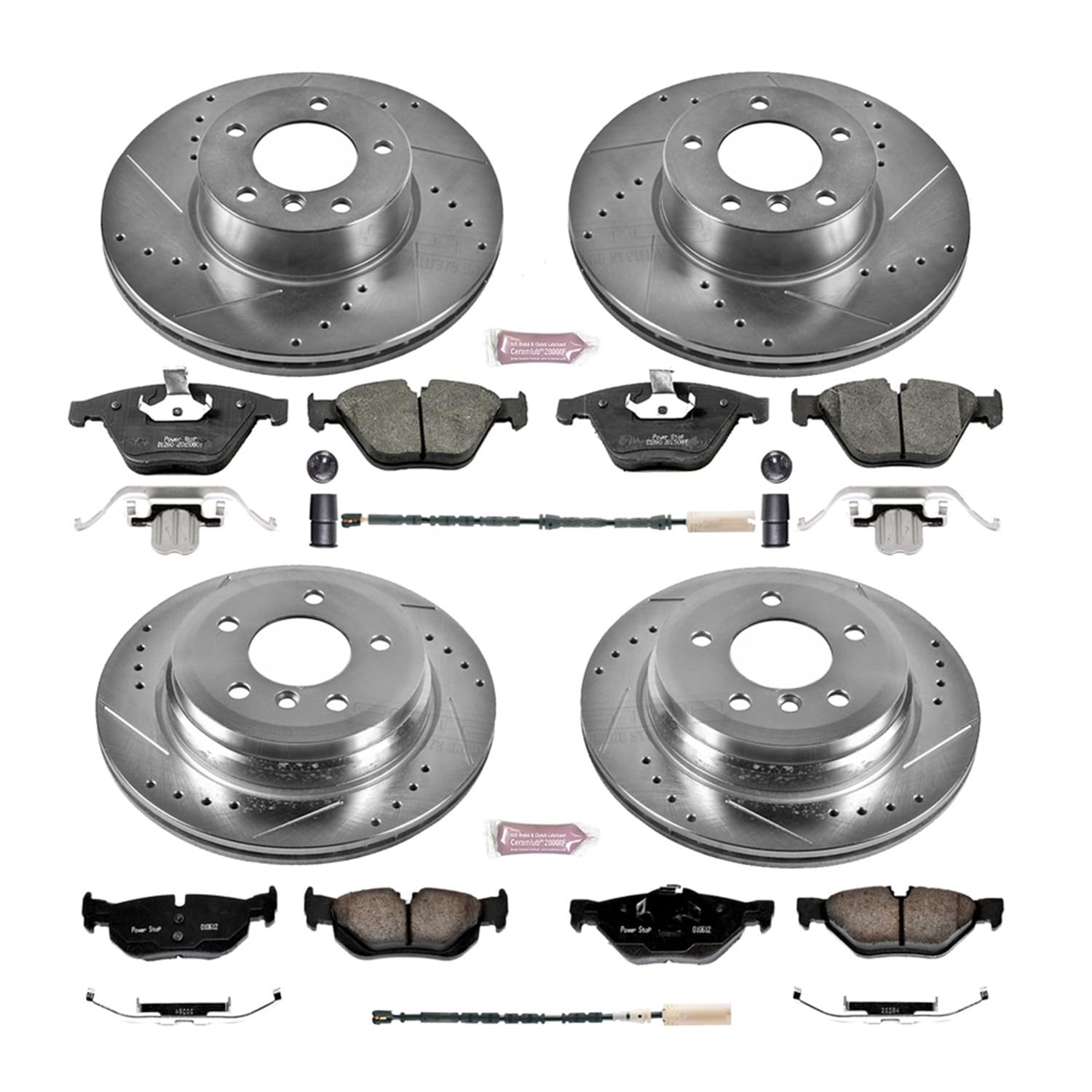 Power Stop K6074 Z23 Carbon Fiber Brake Pads Front and Rear with Drilled & Slotted Brake Rotors Kit and 1 Front & 1 Rear Sensor Wires For BMW 328i xDrive 2011-2013 [Model Specific]