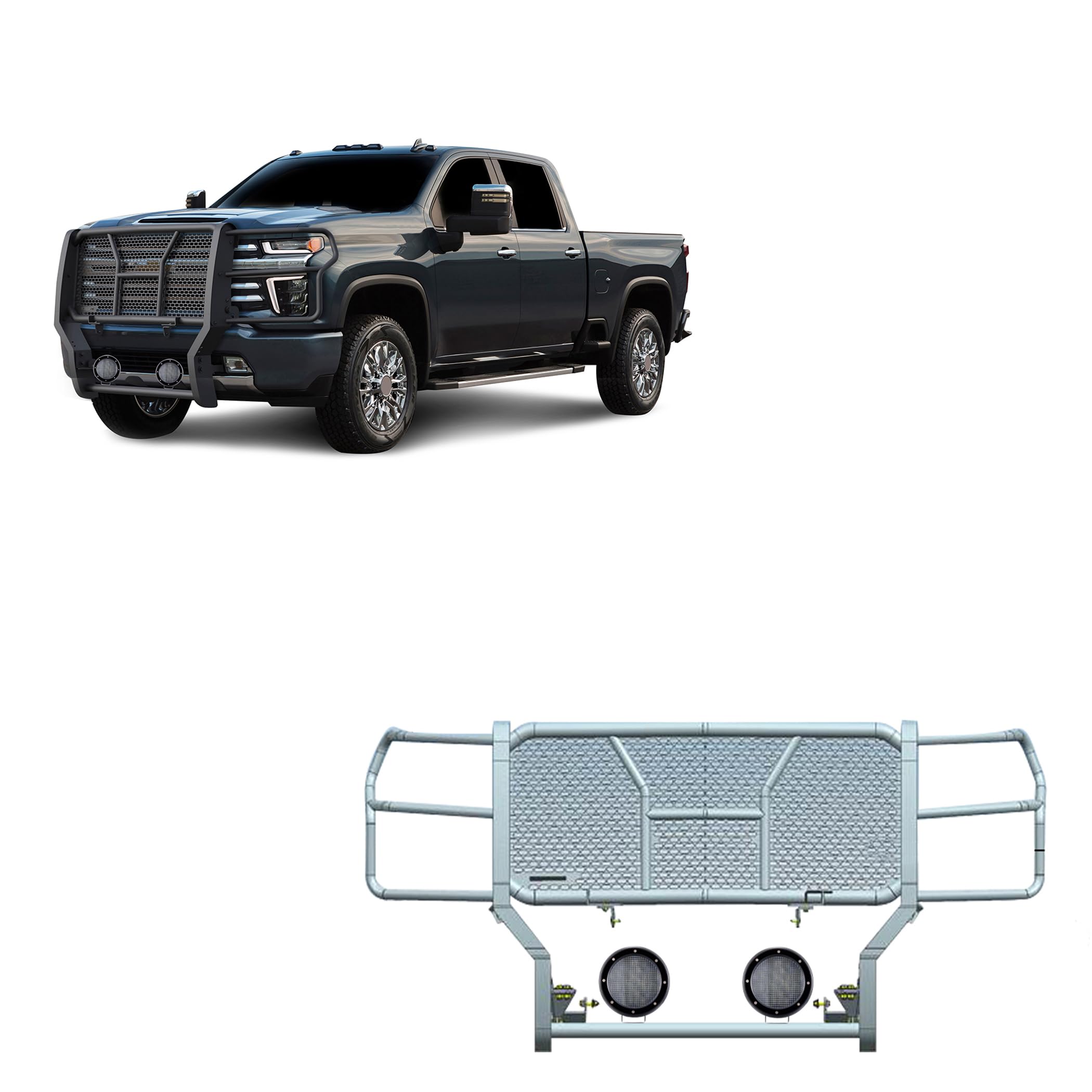 Heavy Duty Black Horse Rugged Grille Brush Bumper Guard Modular Black Come with Pair of 5.3" LED Lights with Black Trim Rings Compatible with 2020-2024 Silverado 3500 HD/2500 HD-RU-CHSI30-B-PLFB
