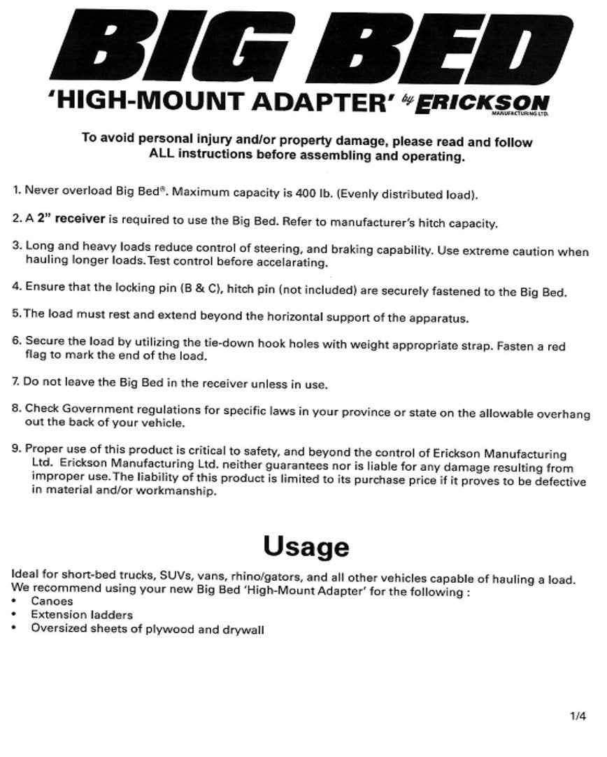 Big Bed Erickson Senior High Mount Conversion Kit 07601