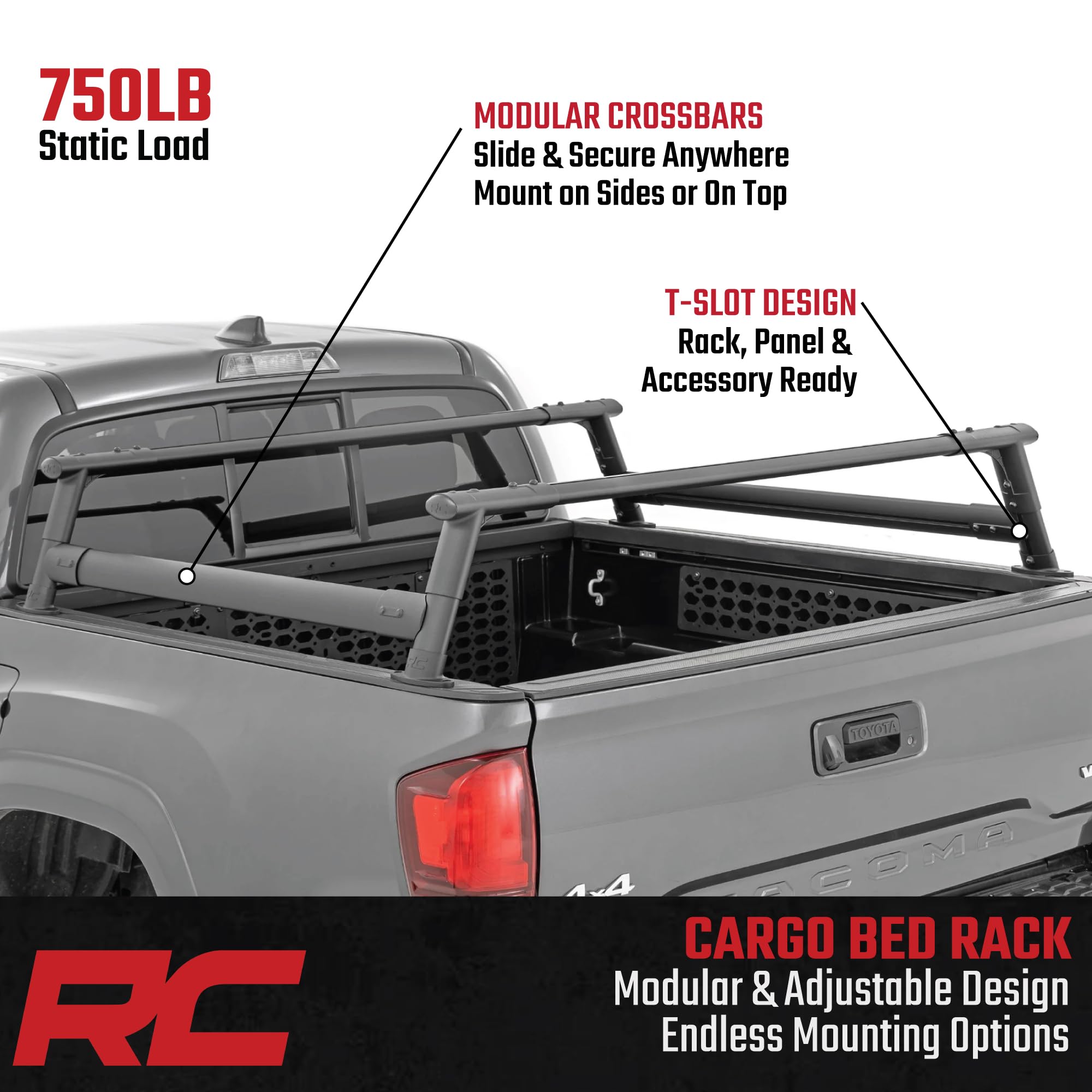 Rough Country Half-Height Bed Rack for Tacoma Toyota (2005-2023) - Modular Aluminum Truck Rack for Bikes, Tools, Camping & Recovery Gear