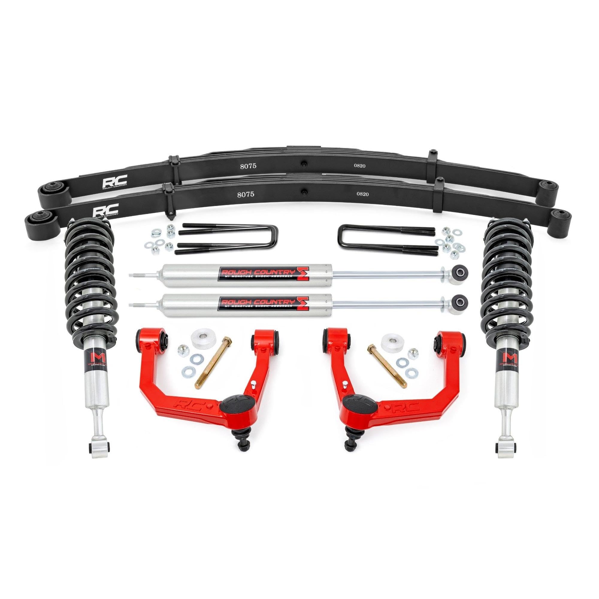 3.5" Rough Country Bolt-On Lift Kit with M1 Struts/M1 Rear Shocks for Toyota Tacoma 4WD (2005-2023) - Lifted Leaf Springs, Red Control Arms